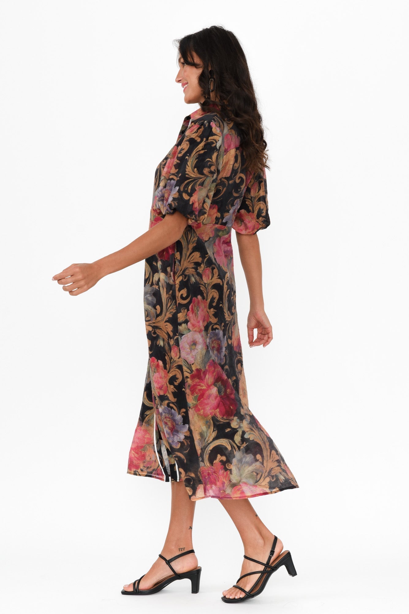 Hilma Black Floral Cotton Blend Tie Dress Side View
