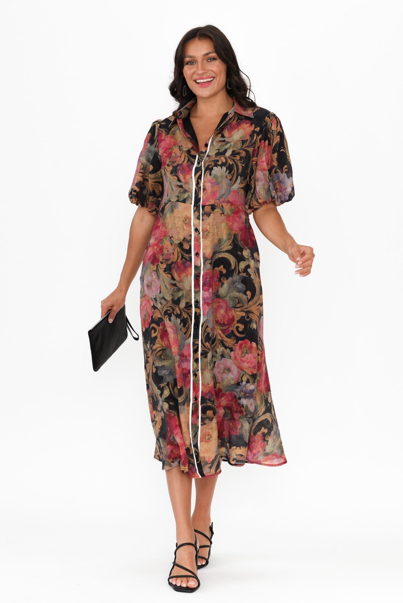 Hilma Black Floral Cotton Blend Tie Dress Back View