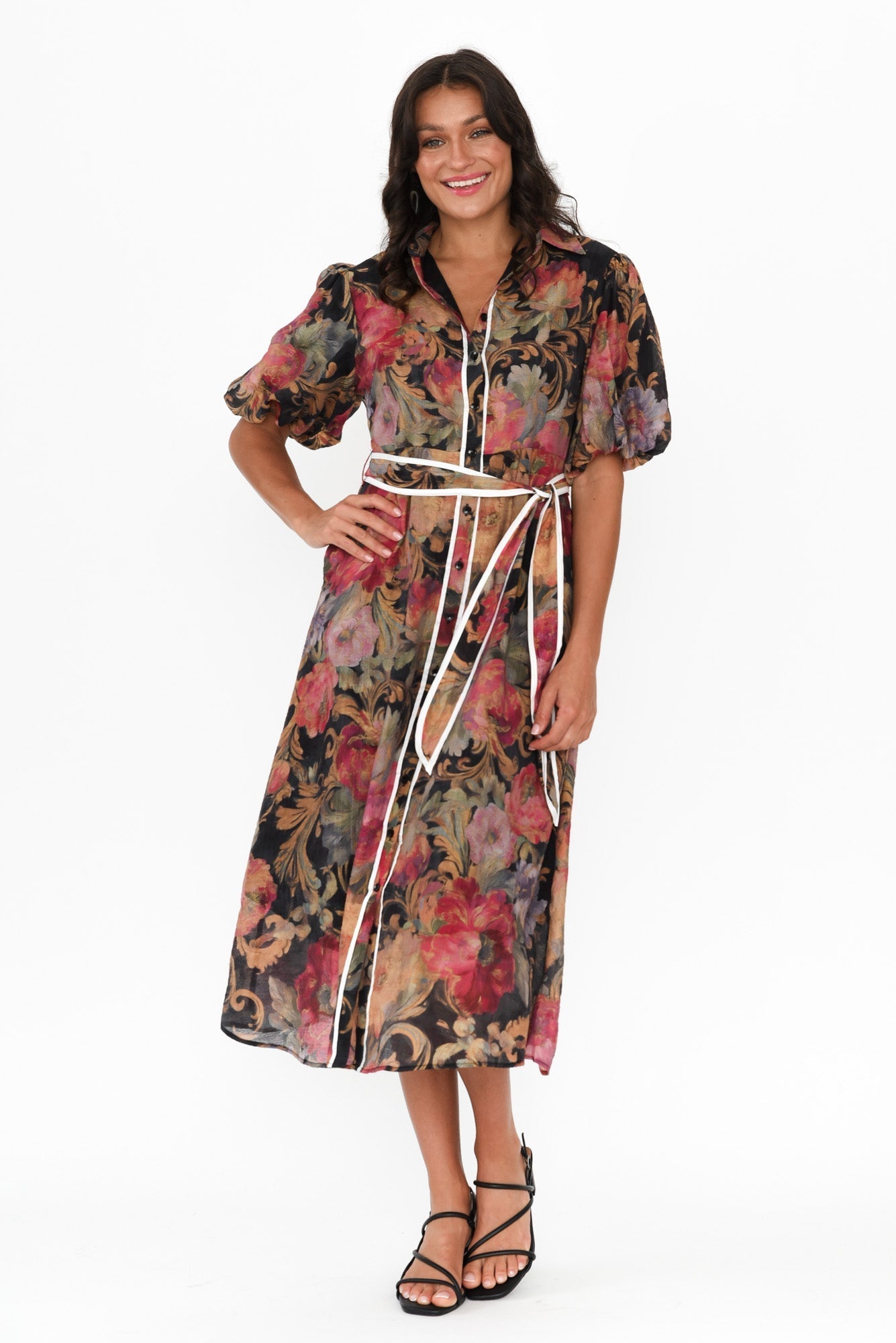Hilma Black Floral Cotton Blend Tie Dress Front View