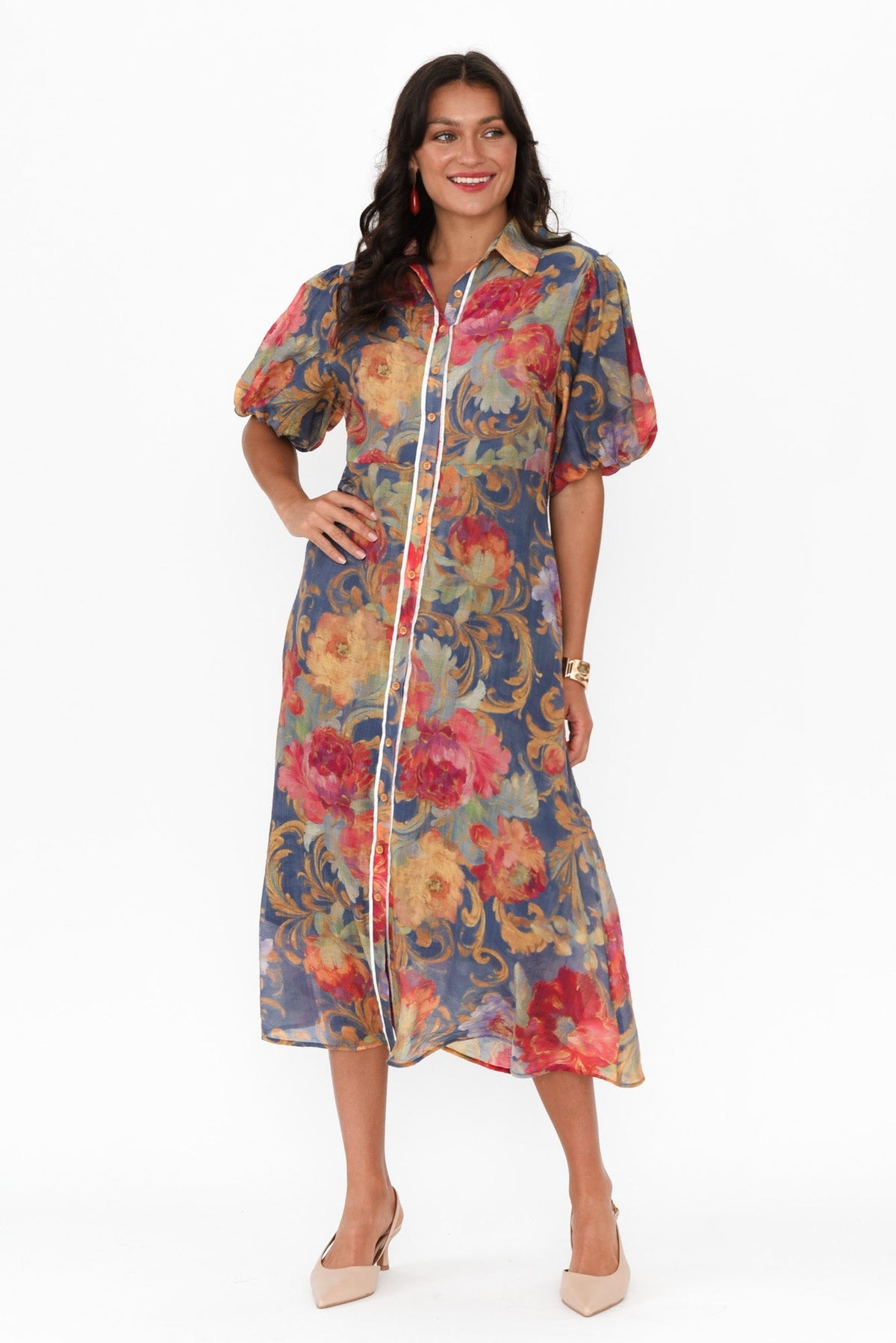 Hilma Blue Floral Cotton Blend Tie Dress Front View