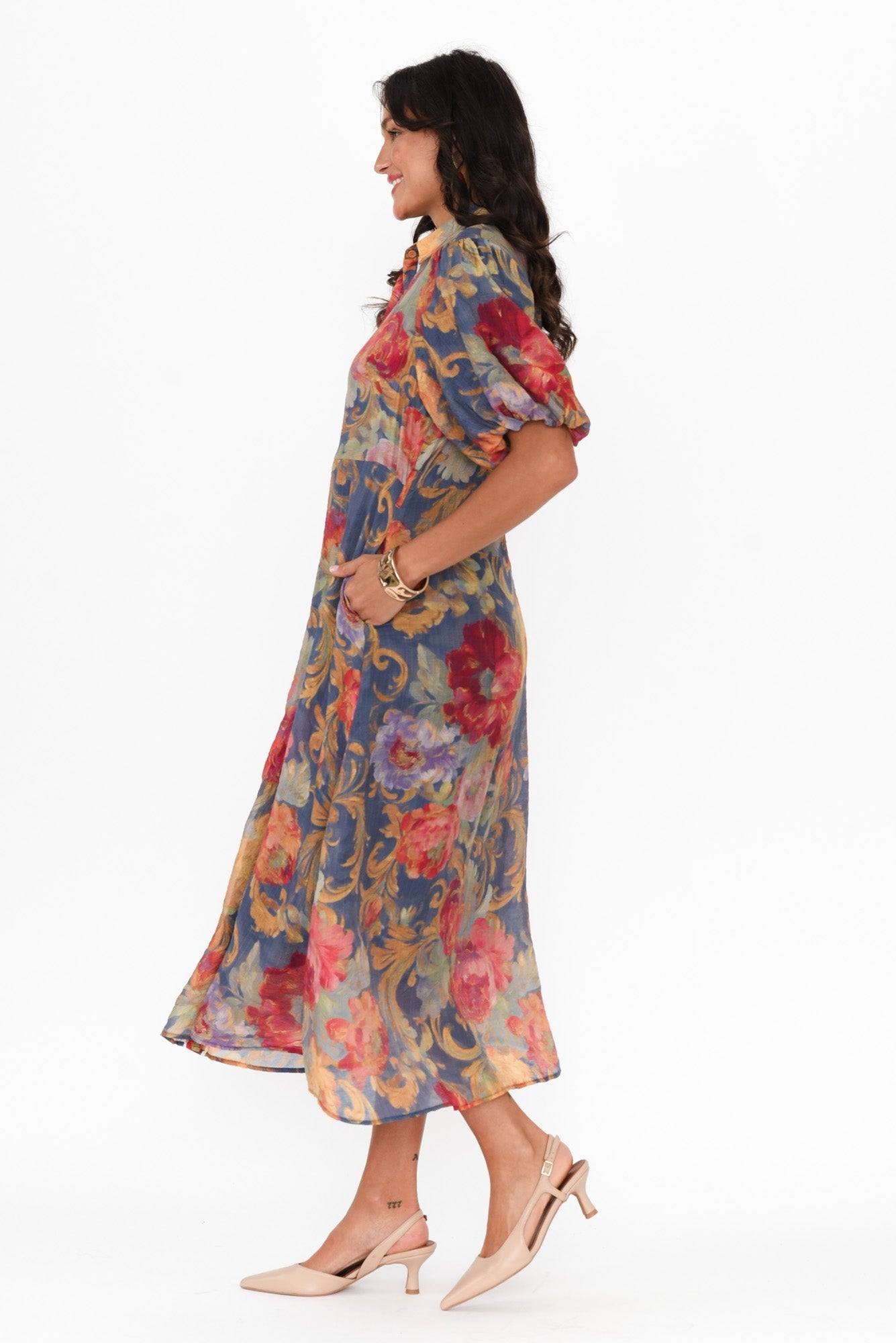 Hilma Blue Floral Cotton Blend Tie Dress Back View