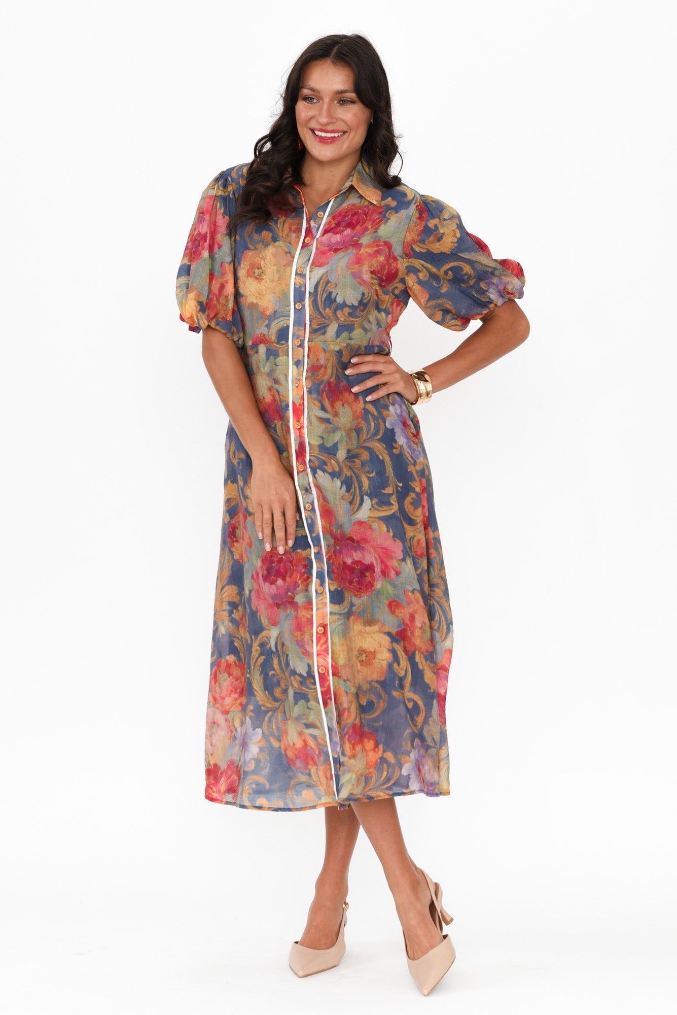 Hilma Blue Floral Cotton Blend Tie Dress Full Length View