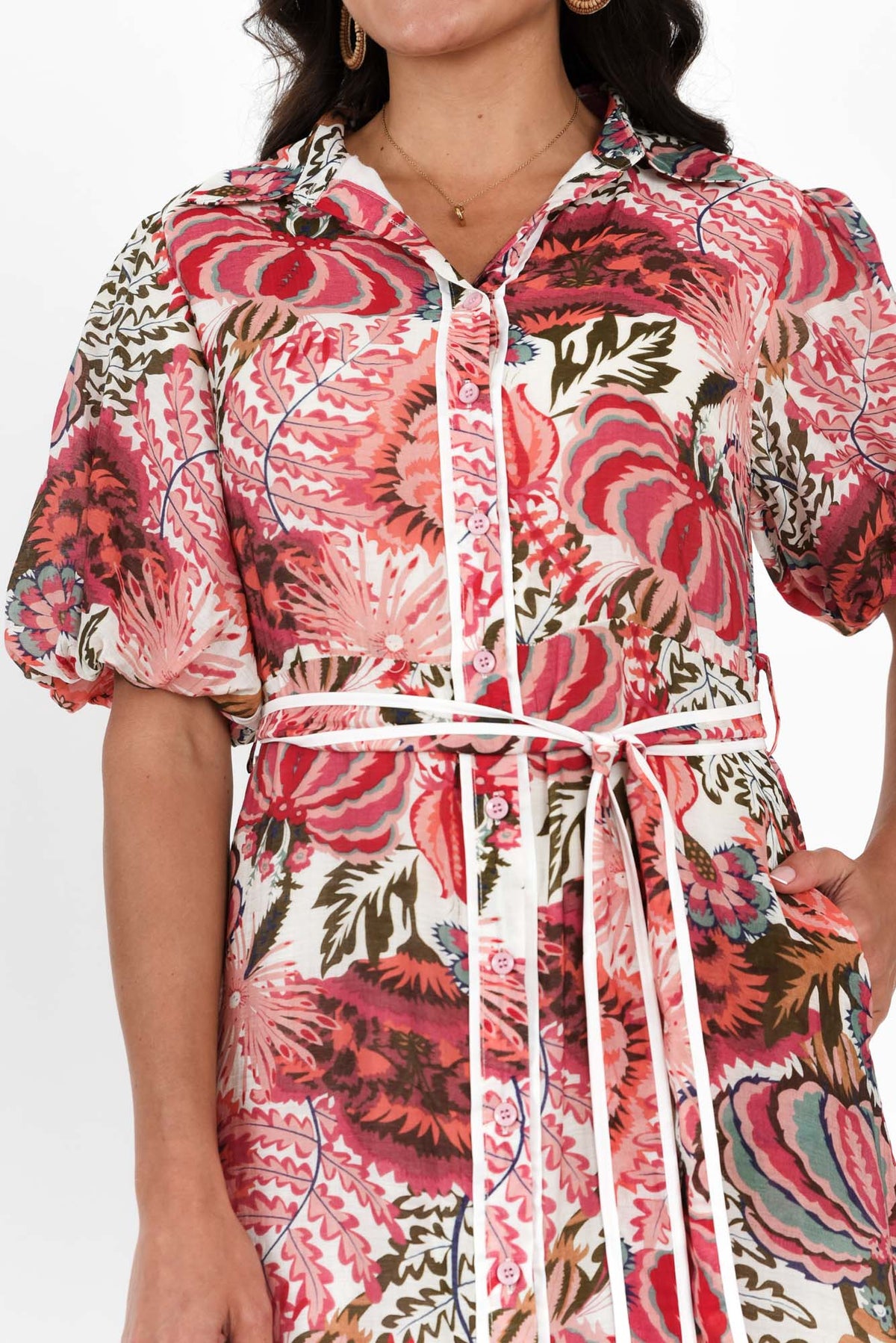 Hilma Pink Floral Cotton Blend Tie Dress Detail View