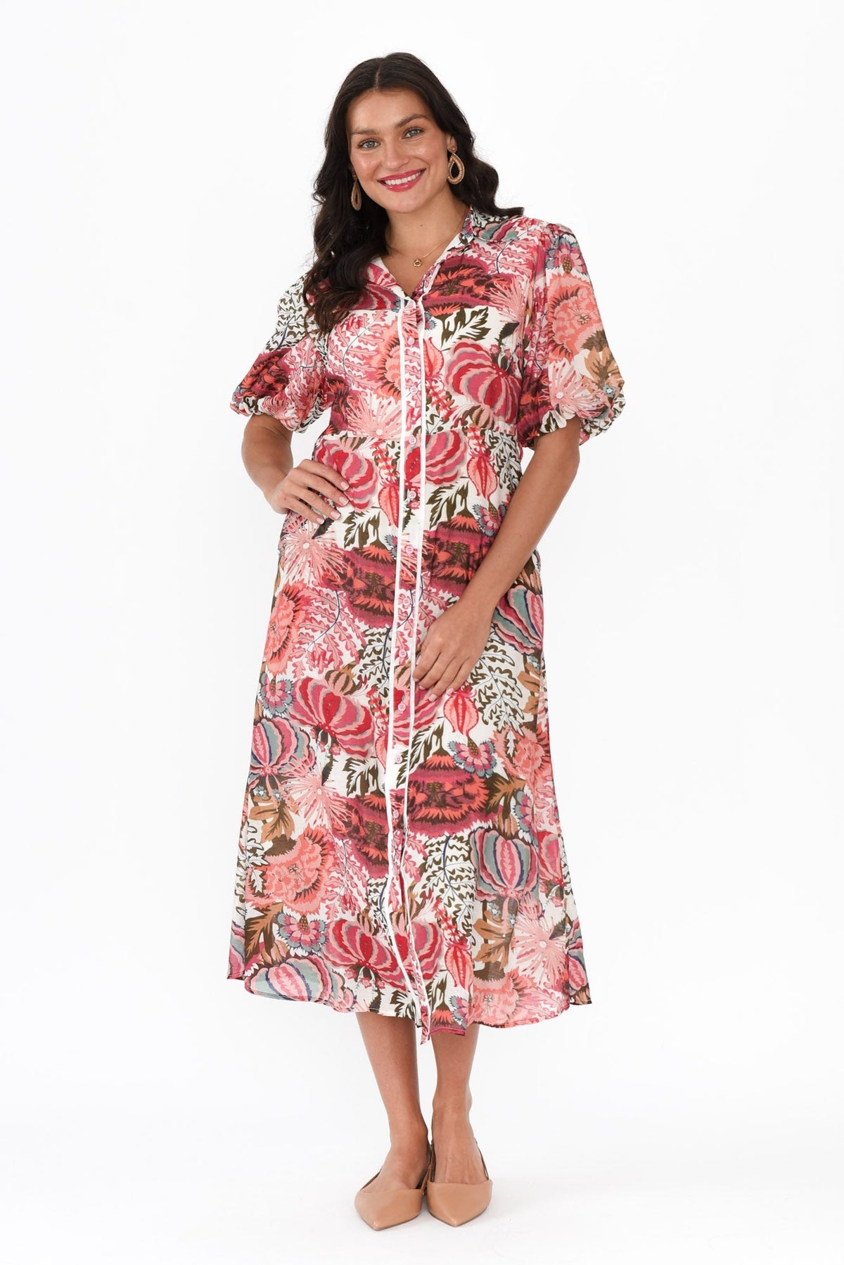 Hilma Pink Floral Cotton Blend Tie Dress Full Length View