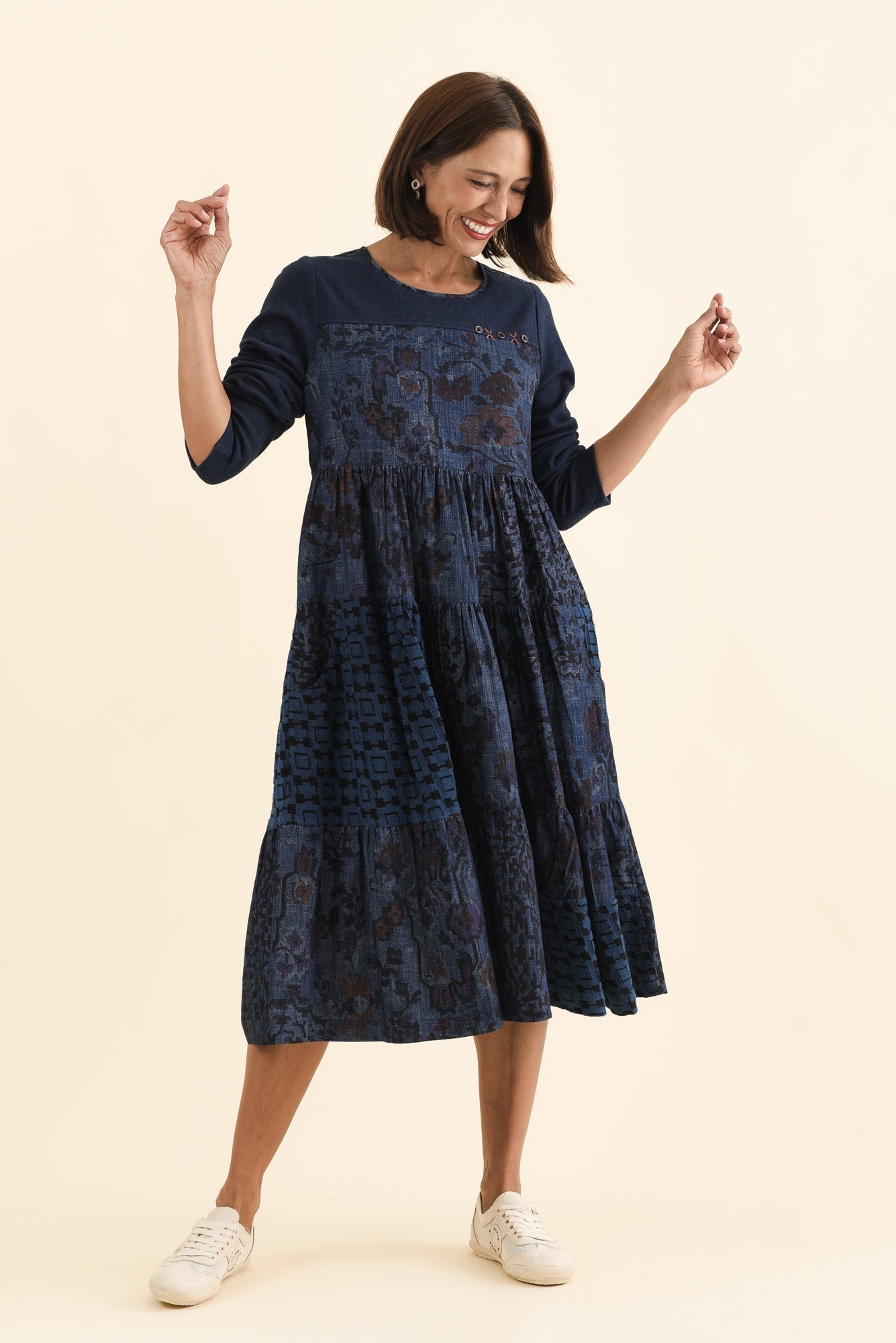 Horai Navy Patchwork Cotton Dress Front View