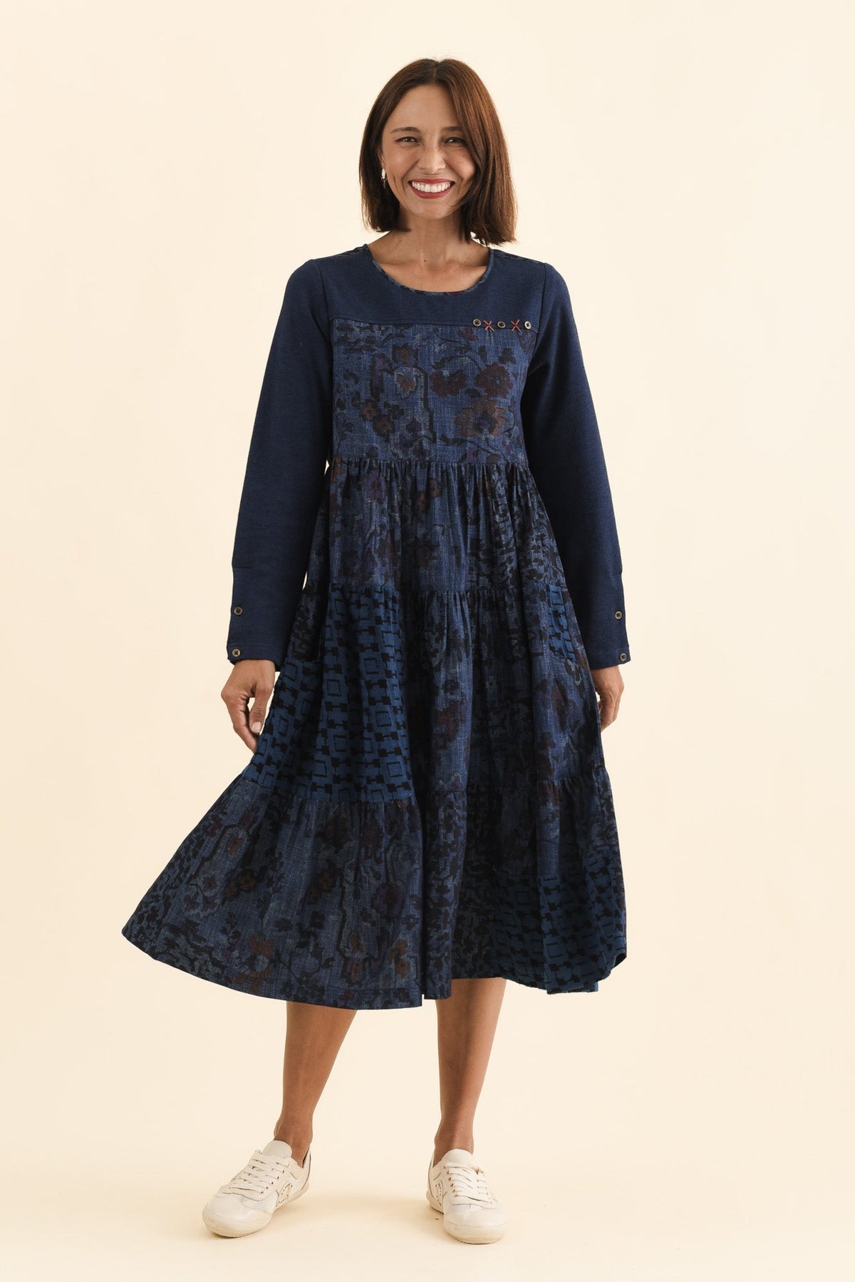 Horai Navy Patchwork Cotton Dress Full Length View