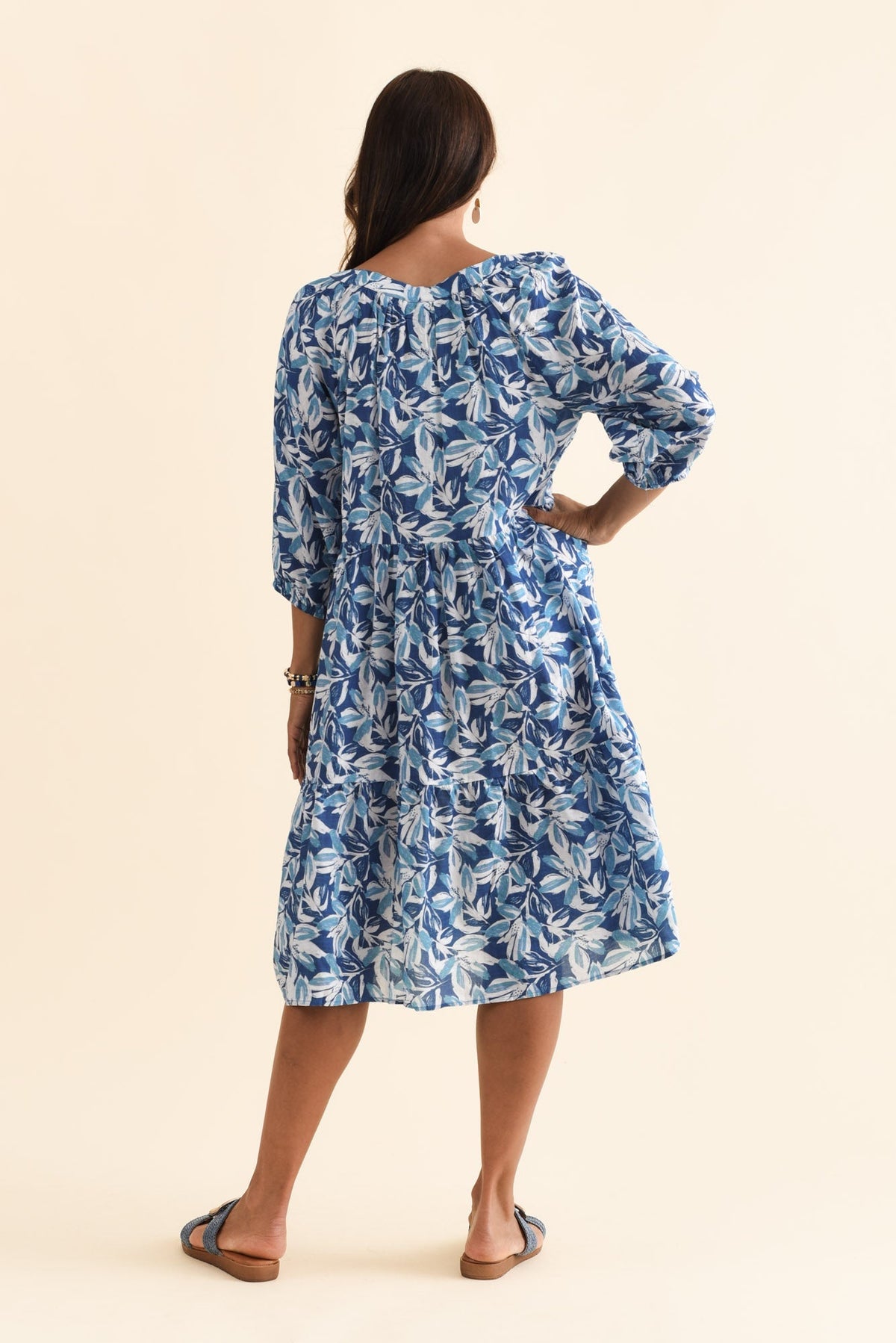 Irene Blue Leaf Cotton Blend Dress Side View