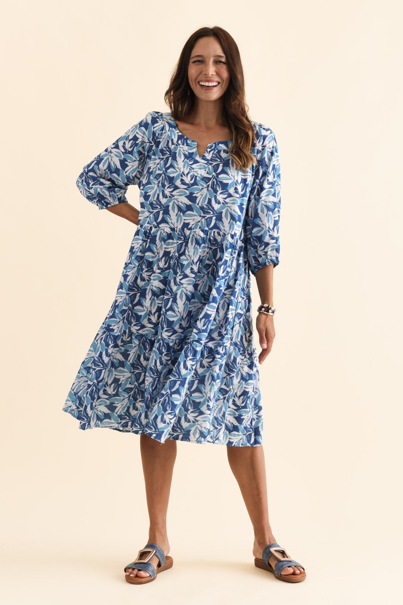 Irene Blue Leaf Cotton Blend Dress Front View
