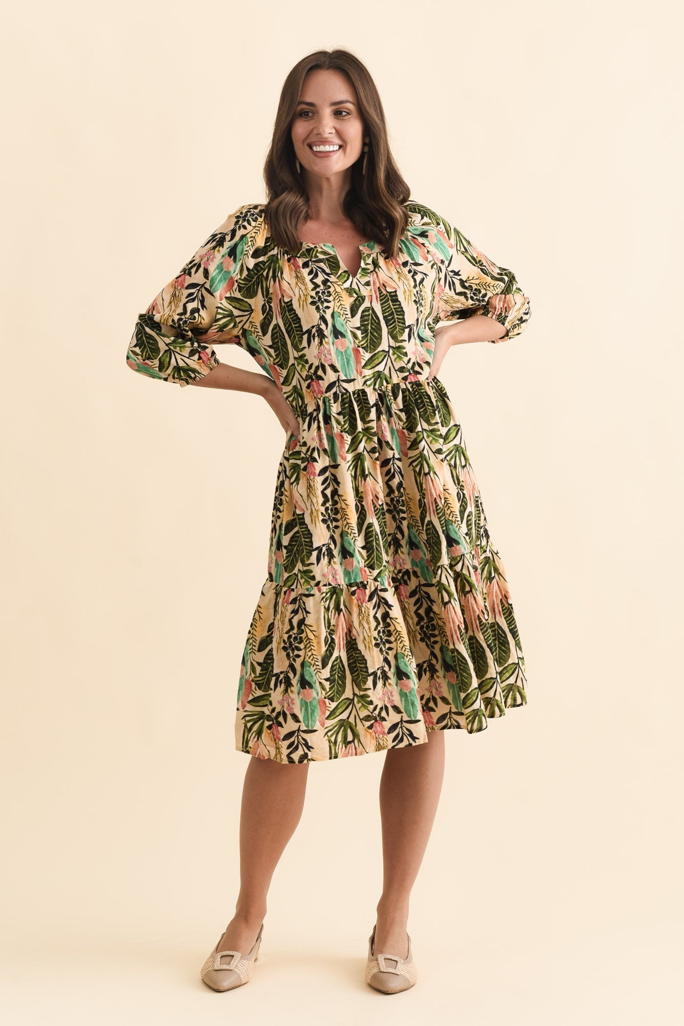 Irene Green Leaf Cotton Blend Dress Front View
