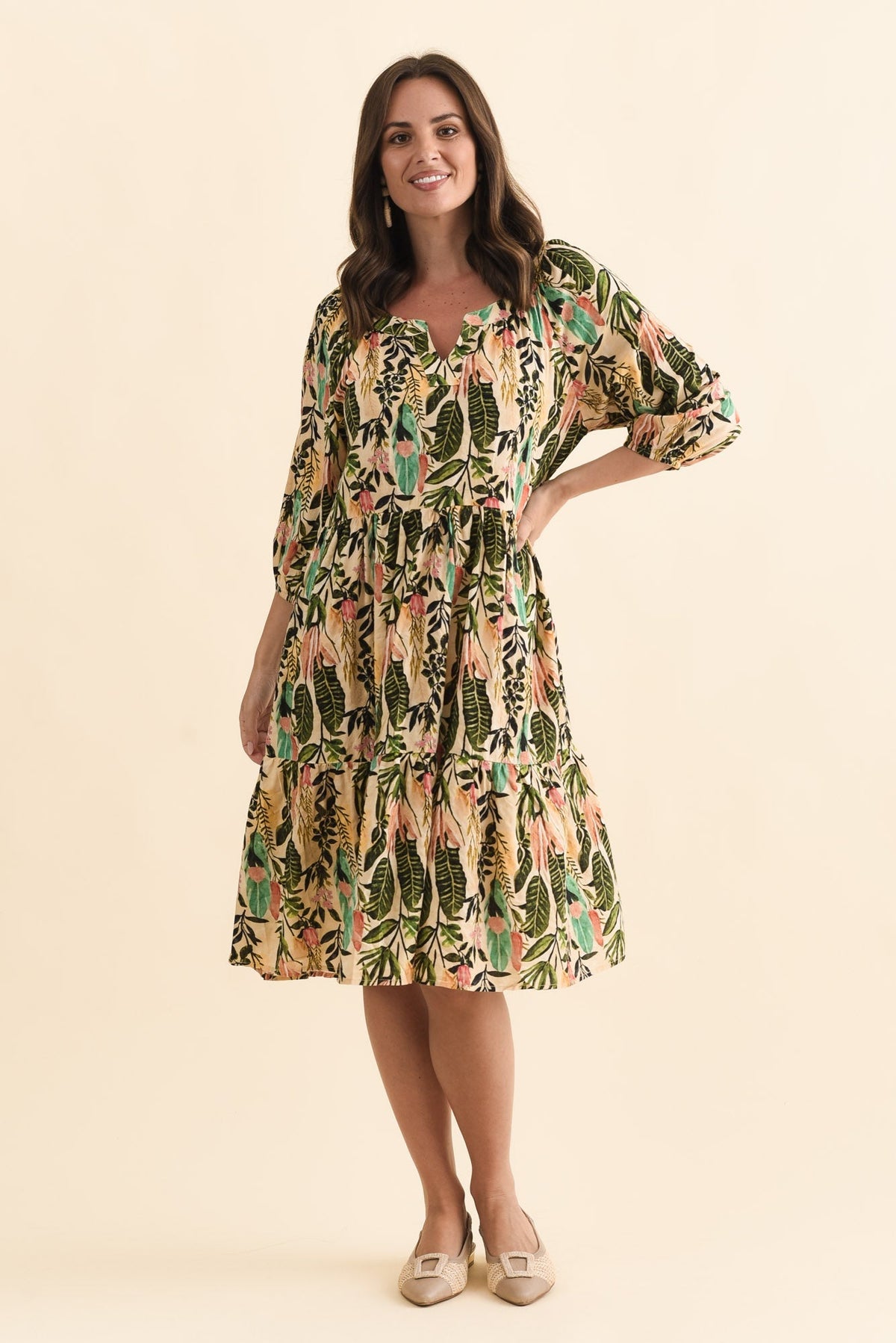 Irene Green Leaf Cotton Blend Dress Front View 2