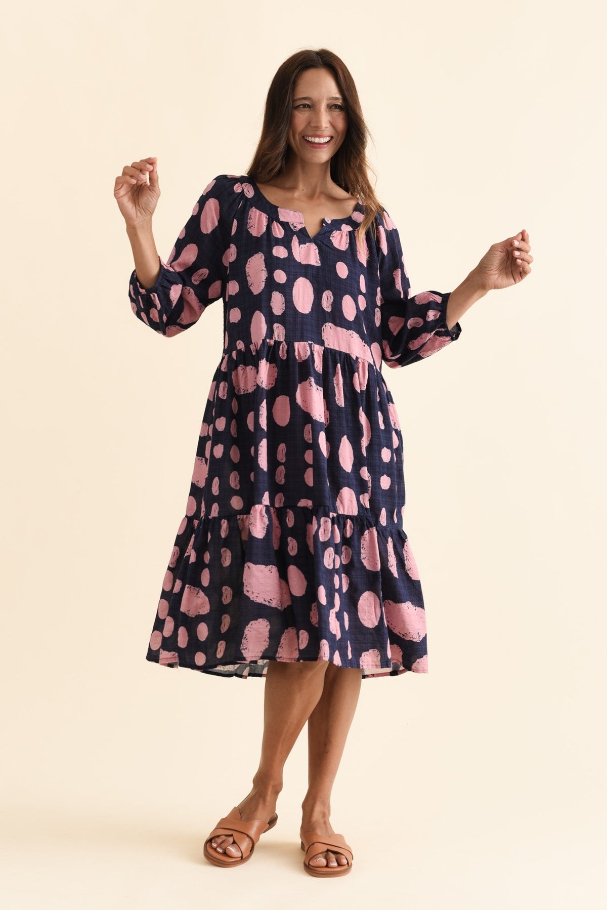 Irene Navy Spot Cotton Blend Dress Front View