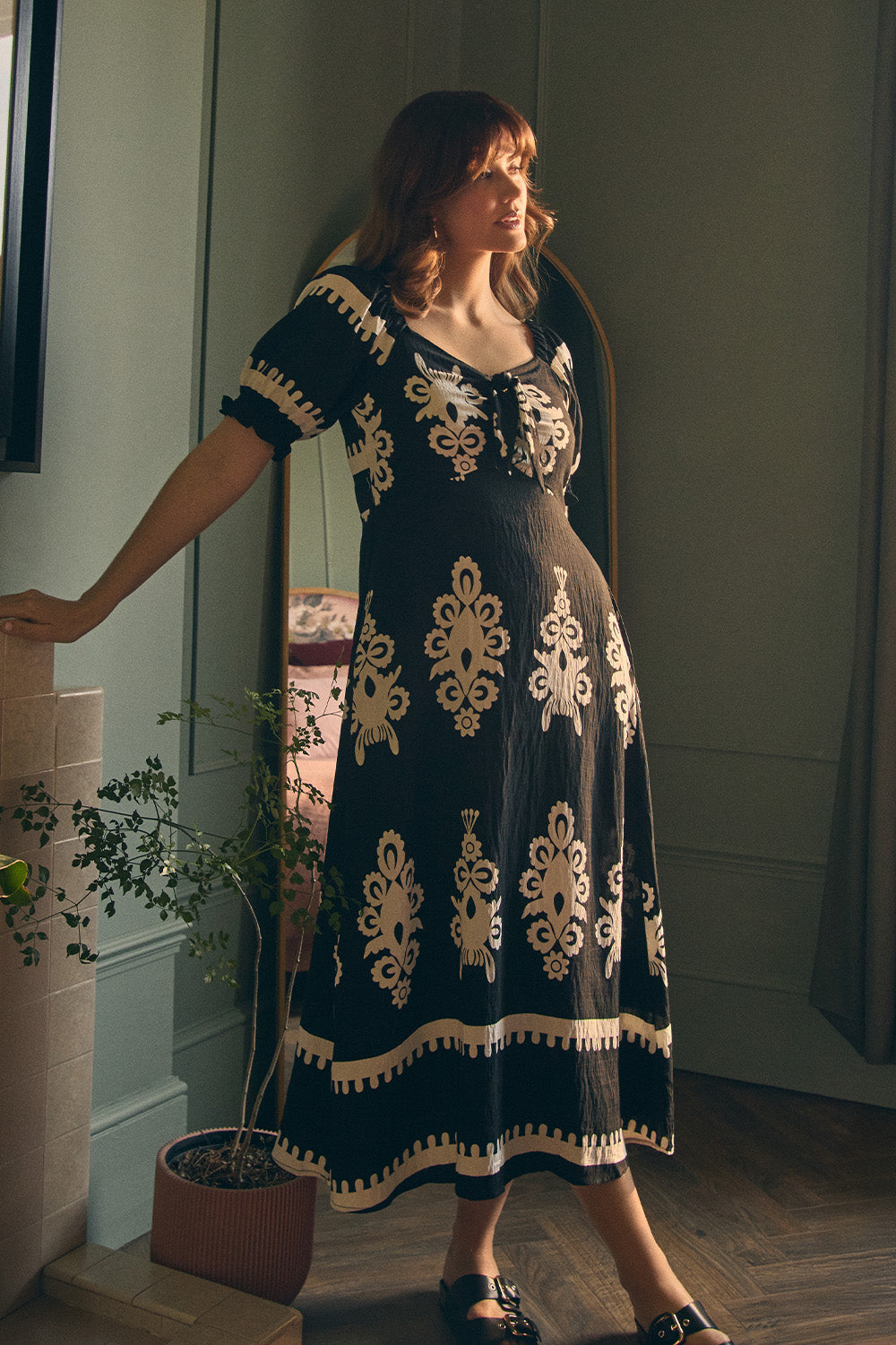 Printed Puff Sleeve Tie Front Midi Dress Front View