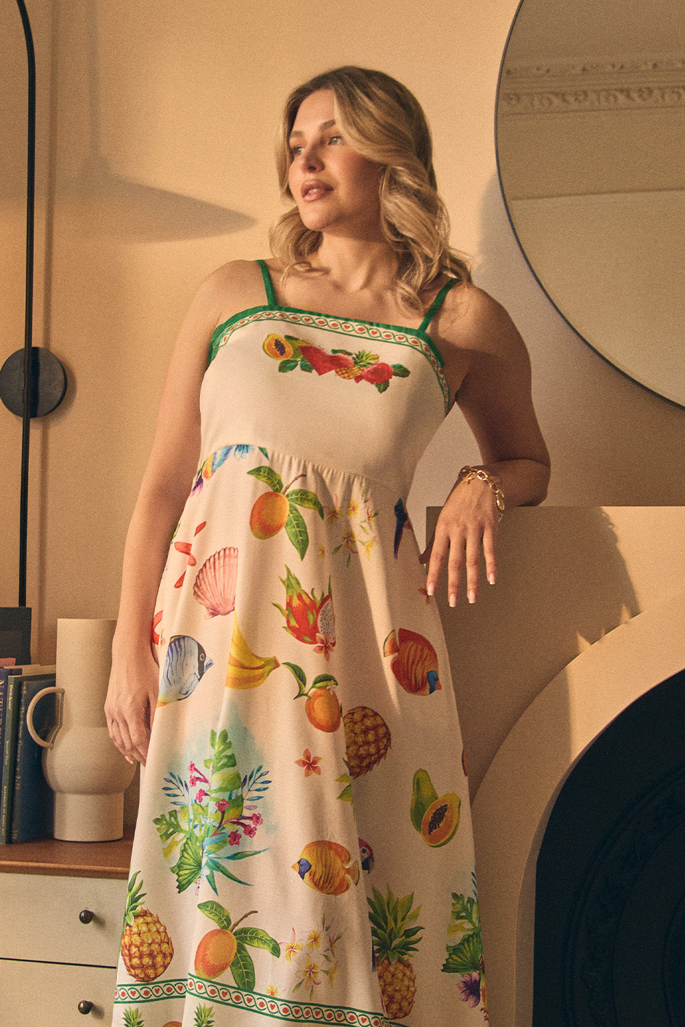 Border Print Cami Strap Midi Dress Full Length View