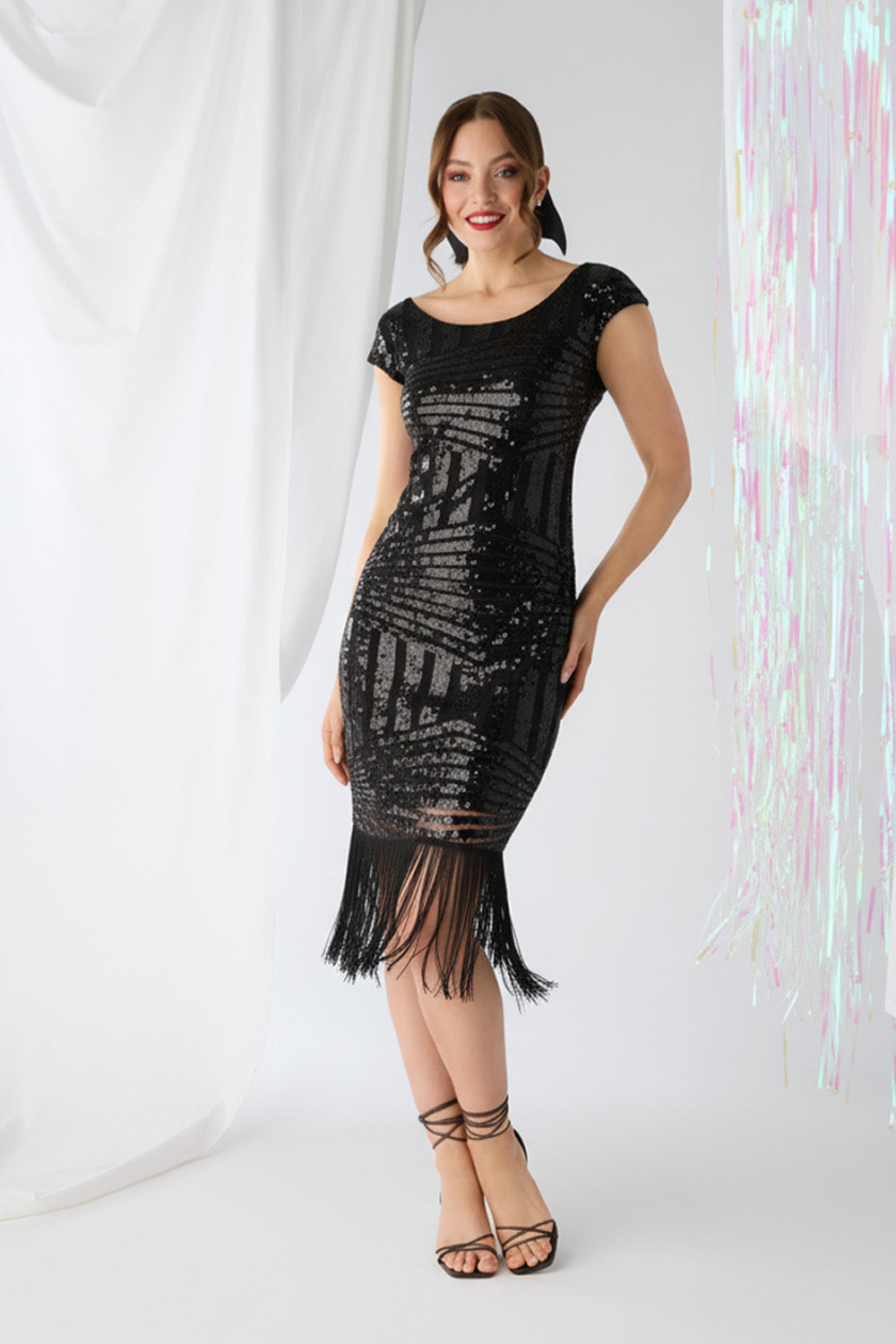 Sequin Embellished Fringed Midi Dress Front View
