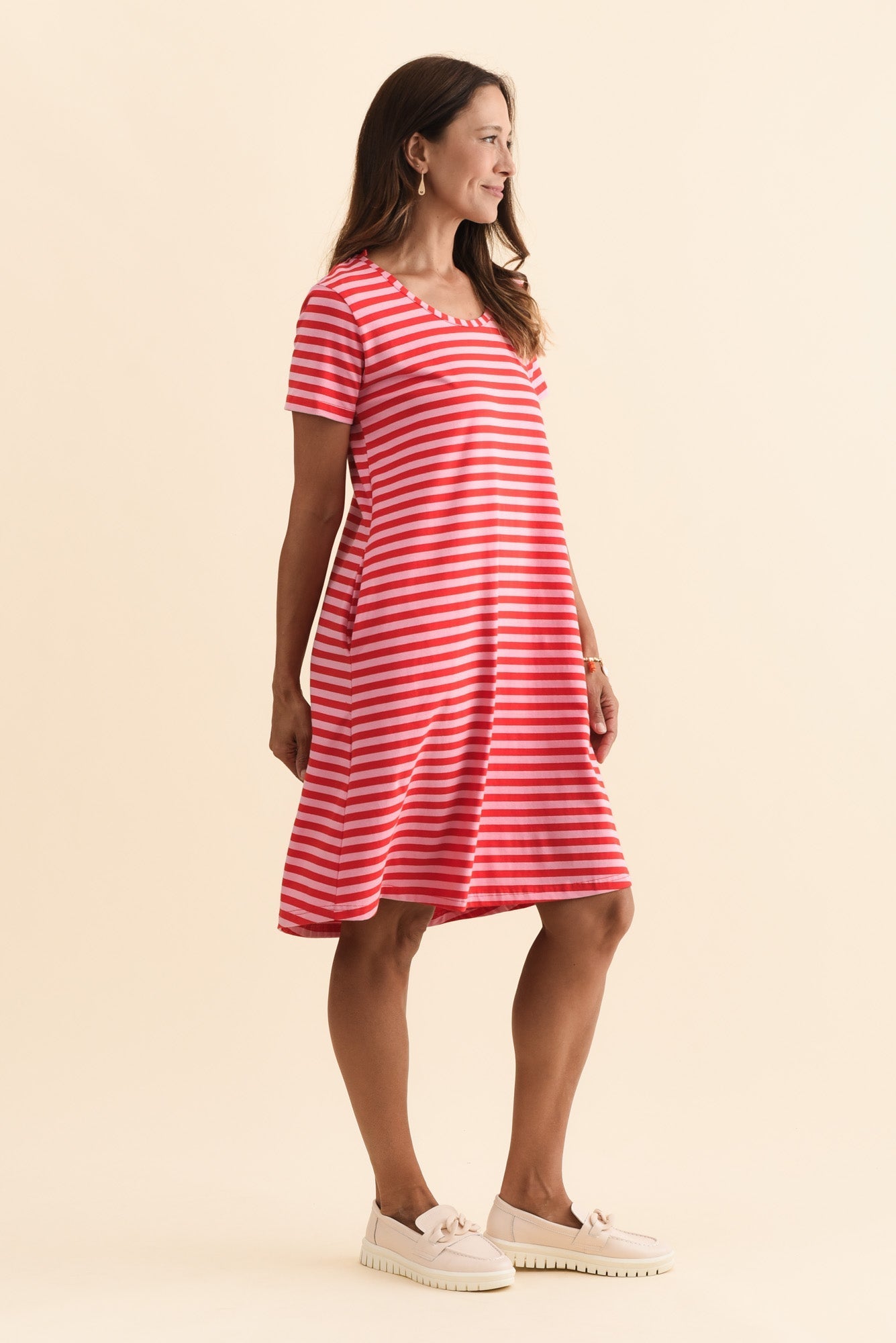 Izzy Red Stripe Cotton Tee Dress Side View