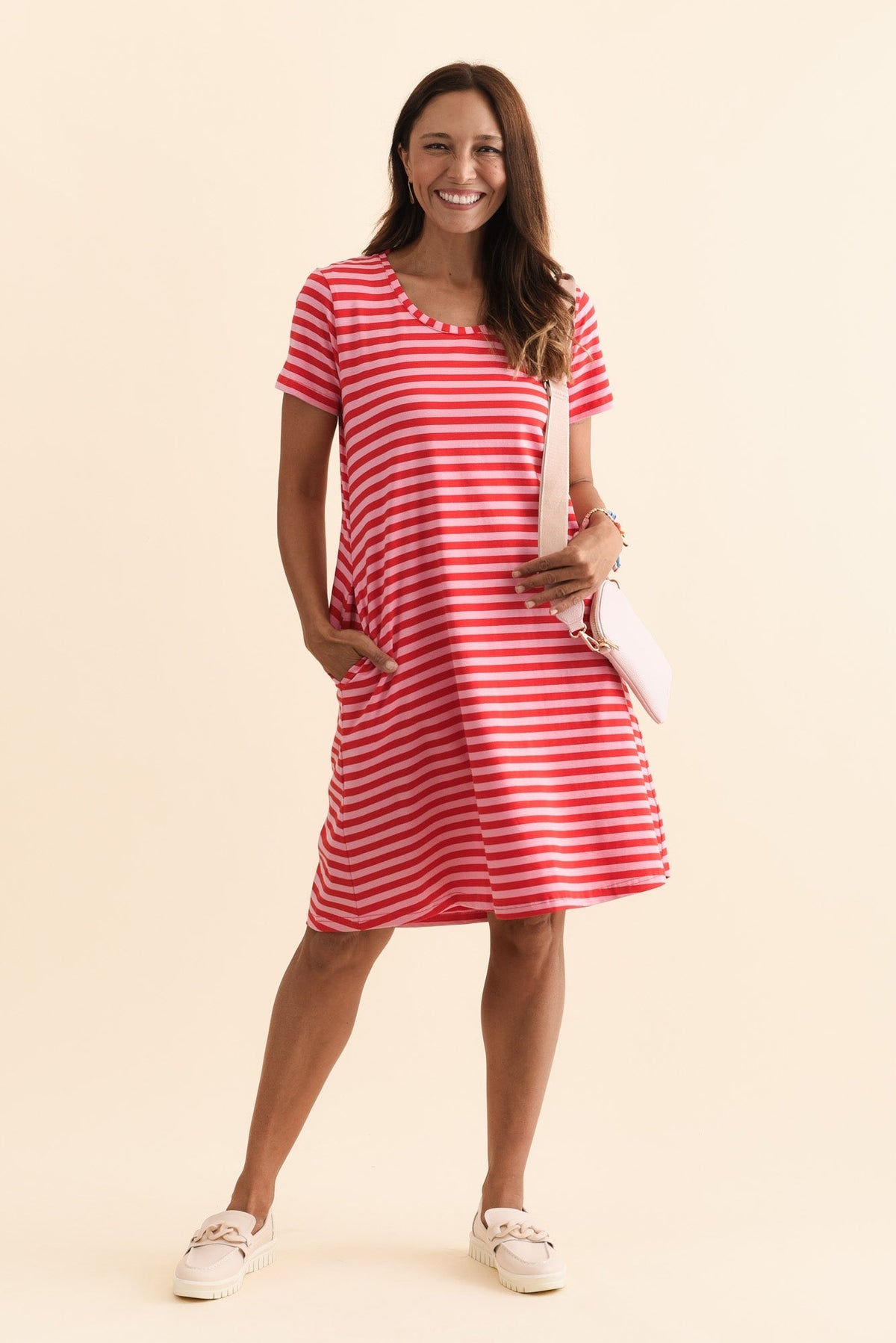Izzy Red Stripe Cotton Tee Dress Front View