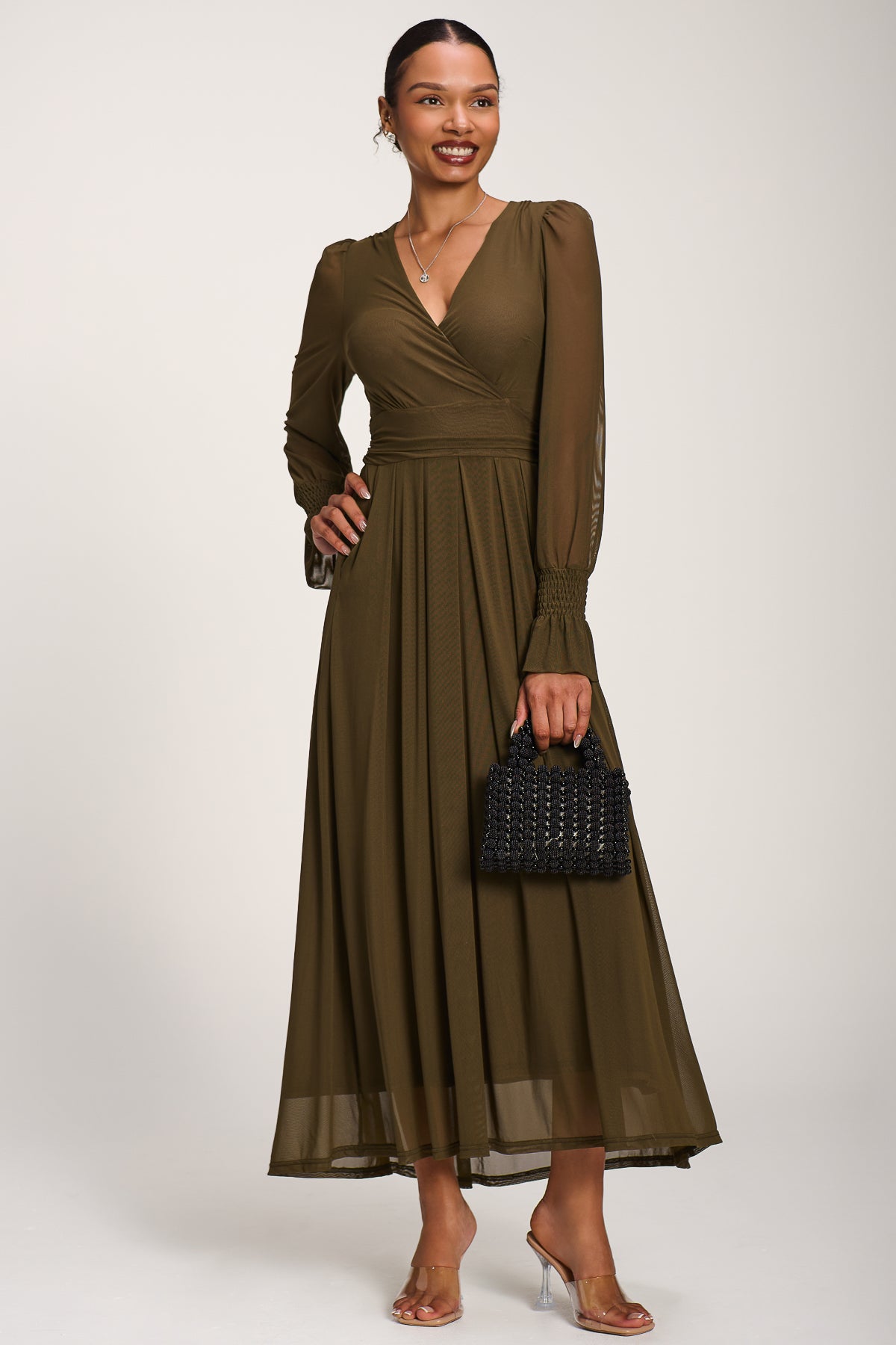 Long Sleeve Mesh Maxi Dress Dark Olive Green Front View