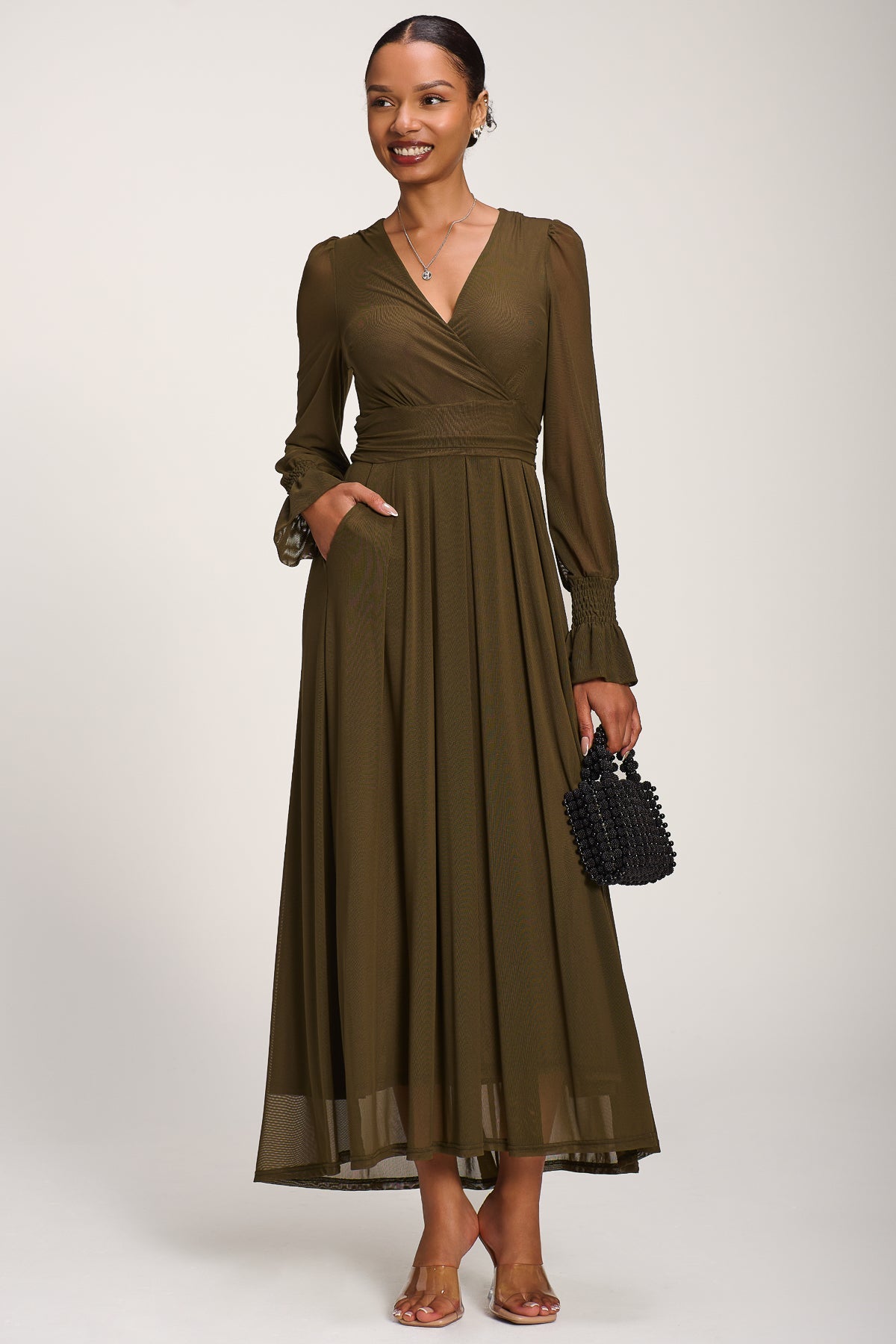 Long Sleeve Mesh Maxi Dress Dark Olive Green Front View 2