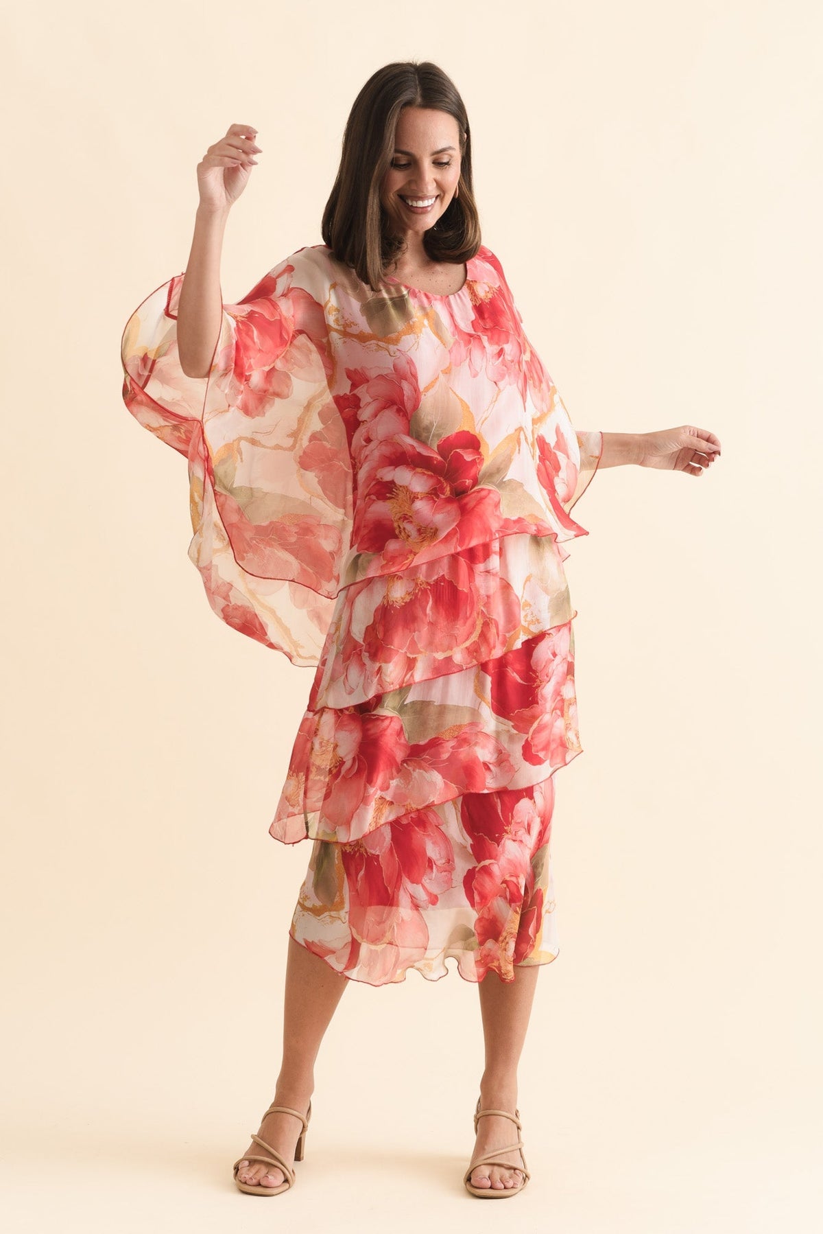 Jasmine Red Floral Silk Layer Dress Full Length View