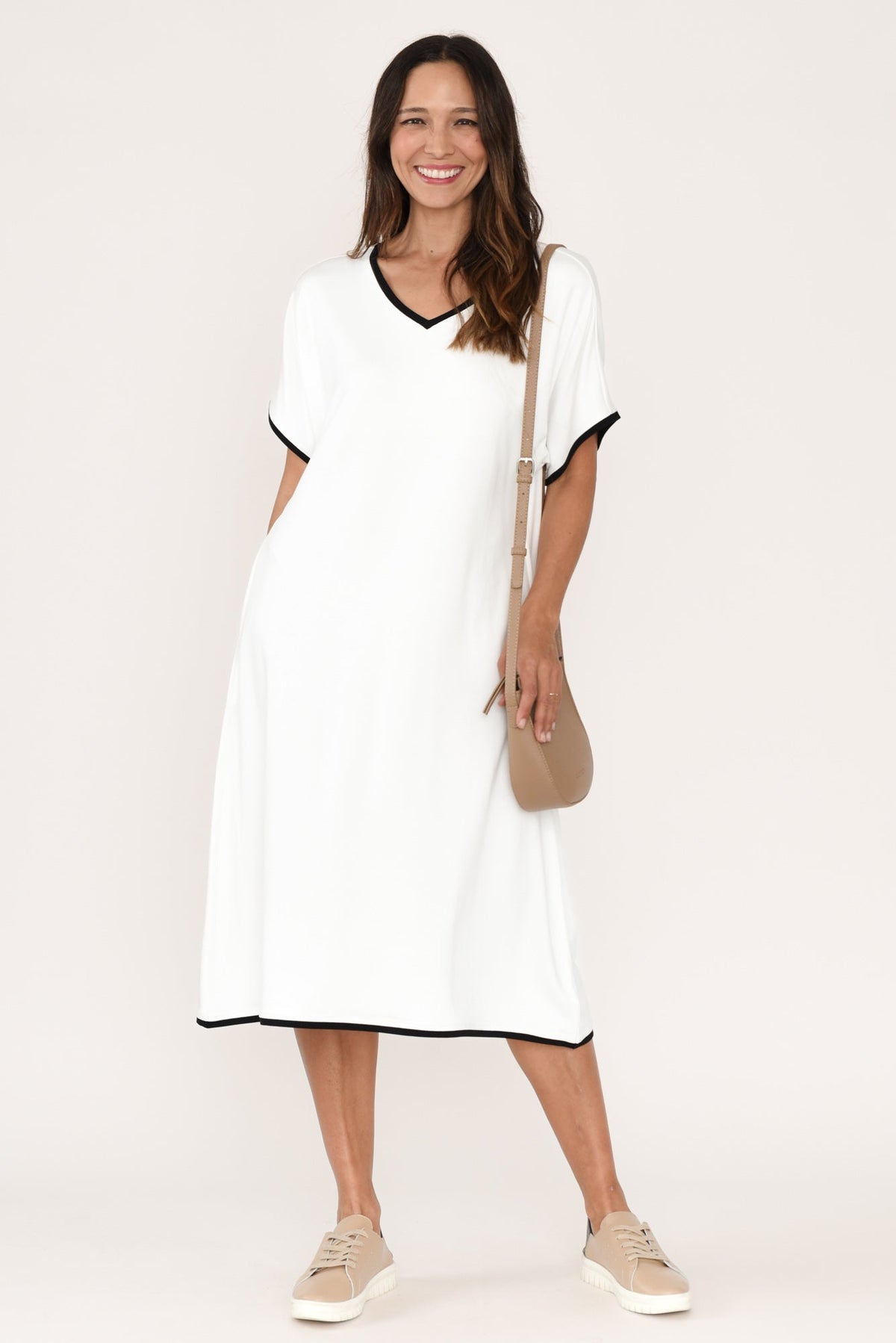 Jemima White Contrast V Neck Dress Front View