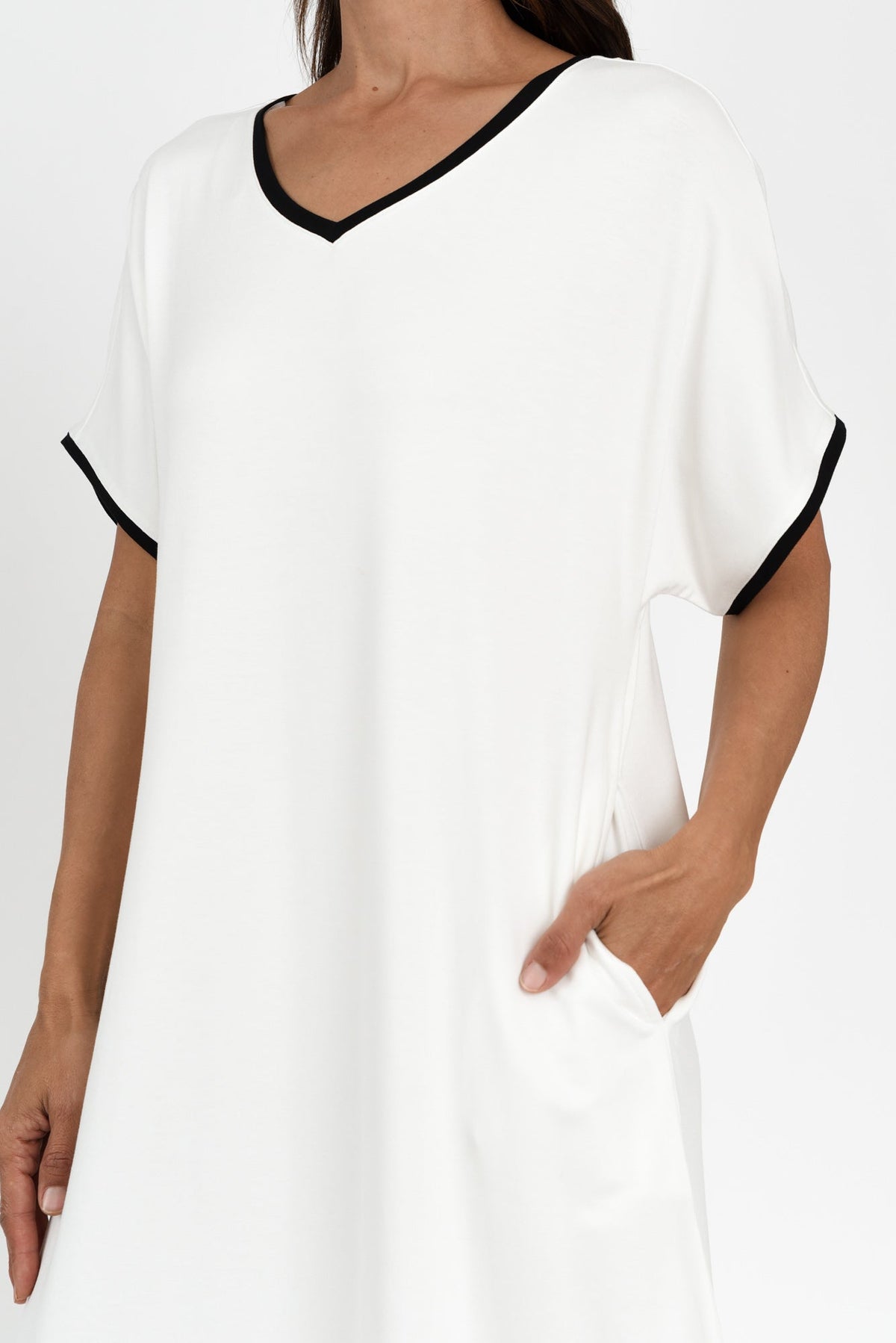 Jemima White Contrast V Neck Dress Full Length View