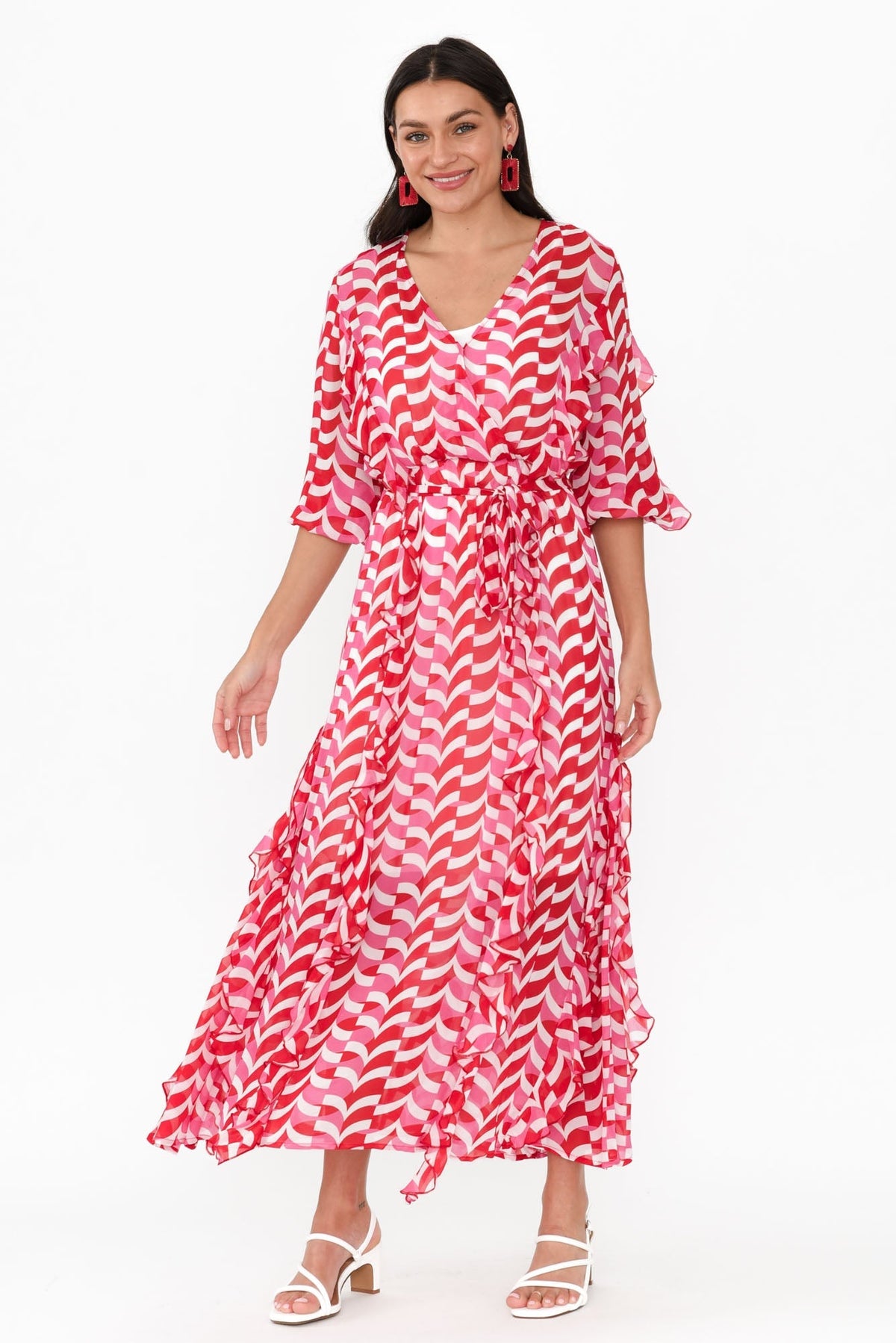 Just Love Pink Geo Ruffle Dress Back View