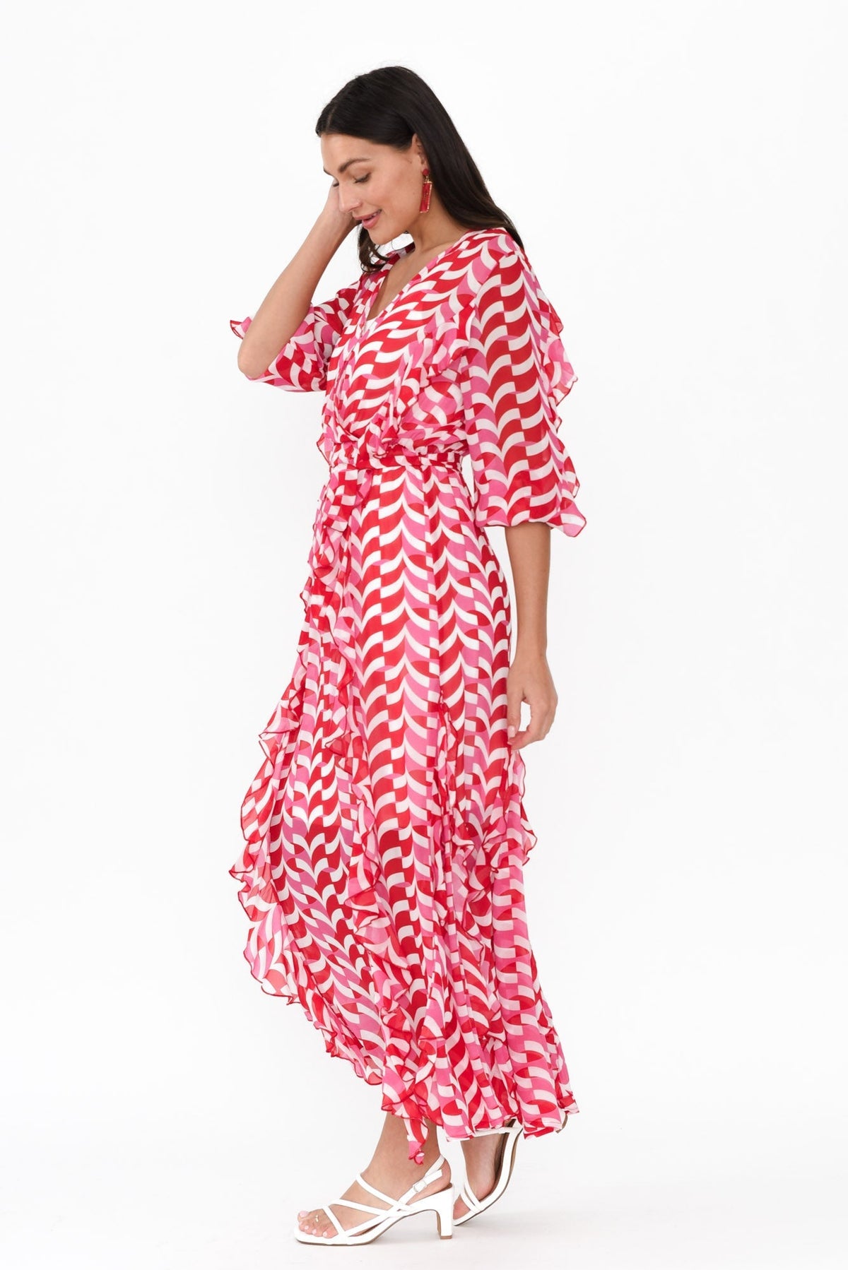 Just Love Pink Geo Ruffle Dress Side View