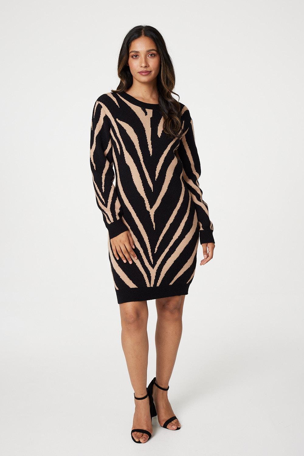Animal Print Short Knit Dress Full Length View