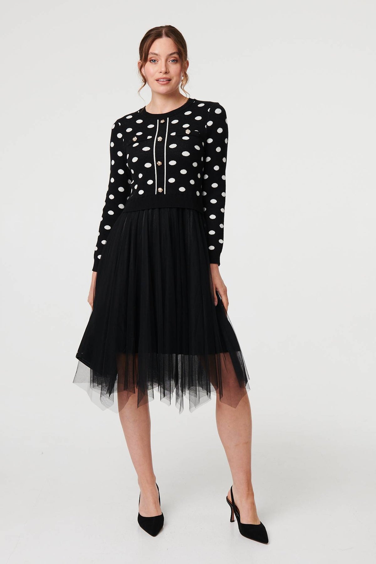 Polka Dot Semi Sheer Mesh Midi Dress Front View