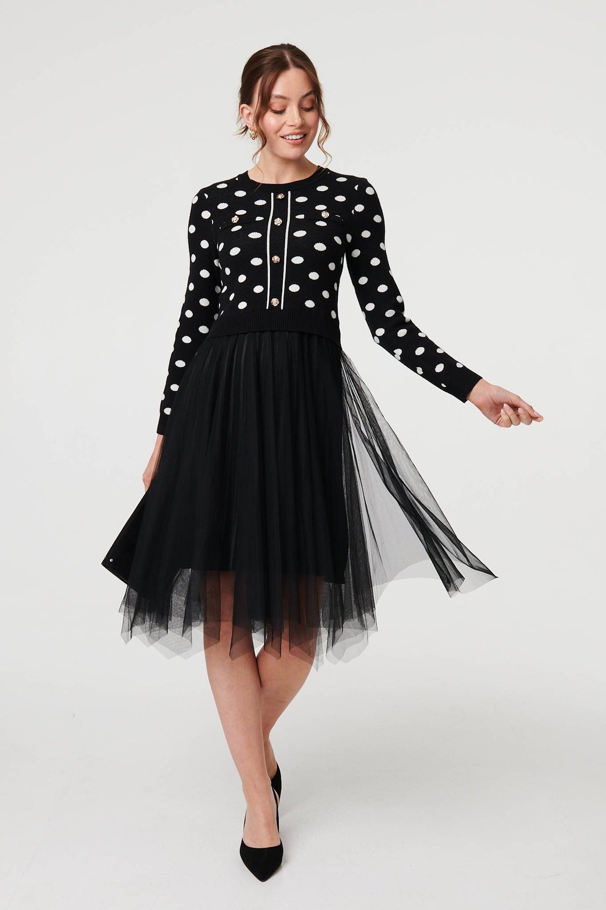 Polka Dot Semi Sheer Mesh Midi Dress Styled View