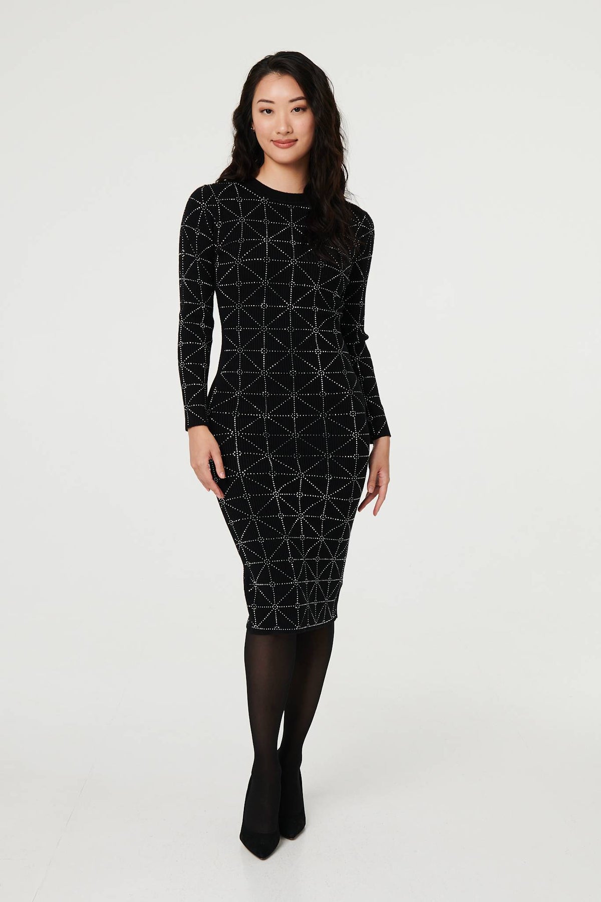 Geo Diamante Detail Slim Knit Midi Dress Front View