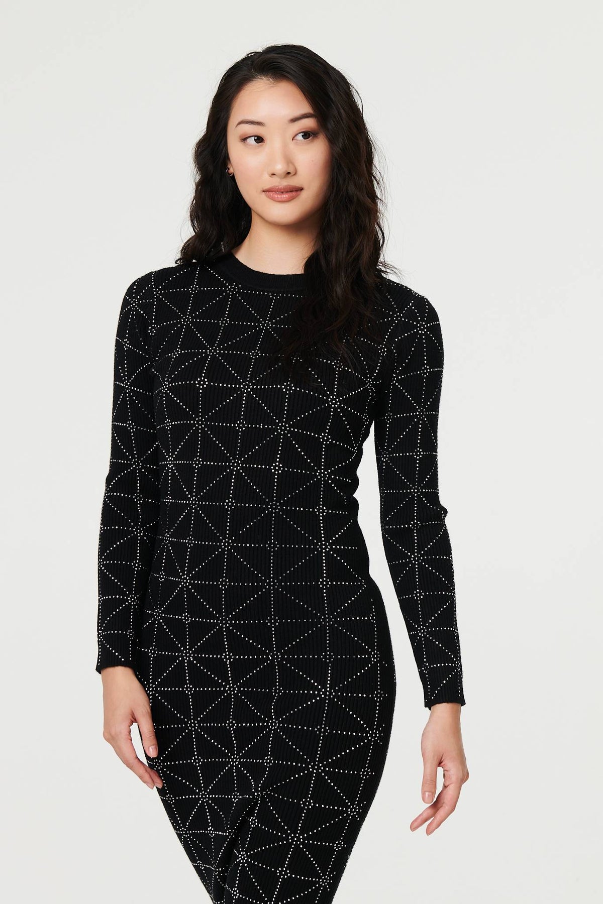 Geo Diamante Detail Slim Knit Midi Dress Back View