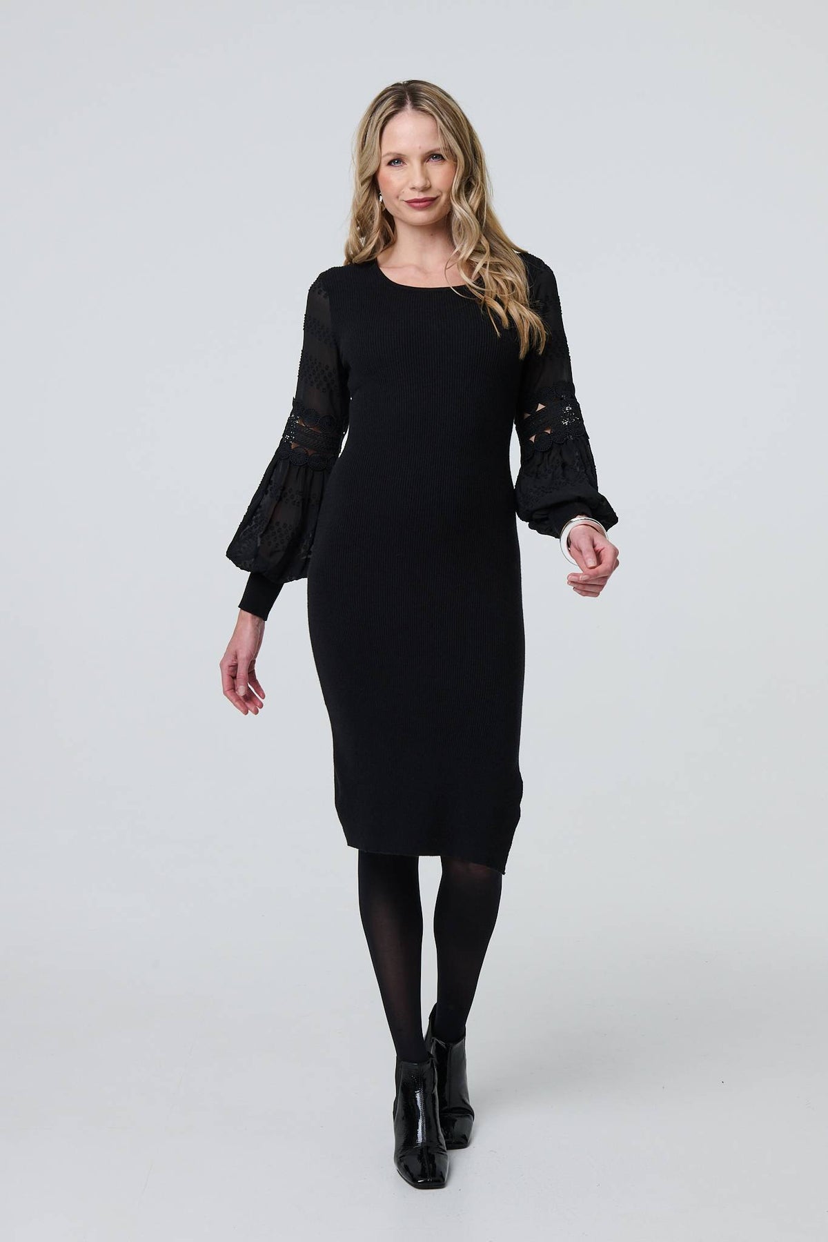 Long Sheer Sleeve Bodycon Knit Dress Front View