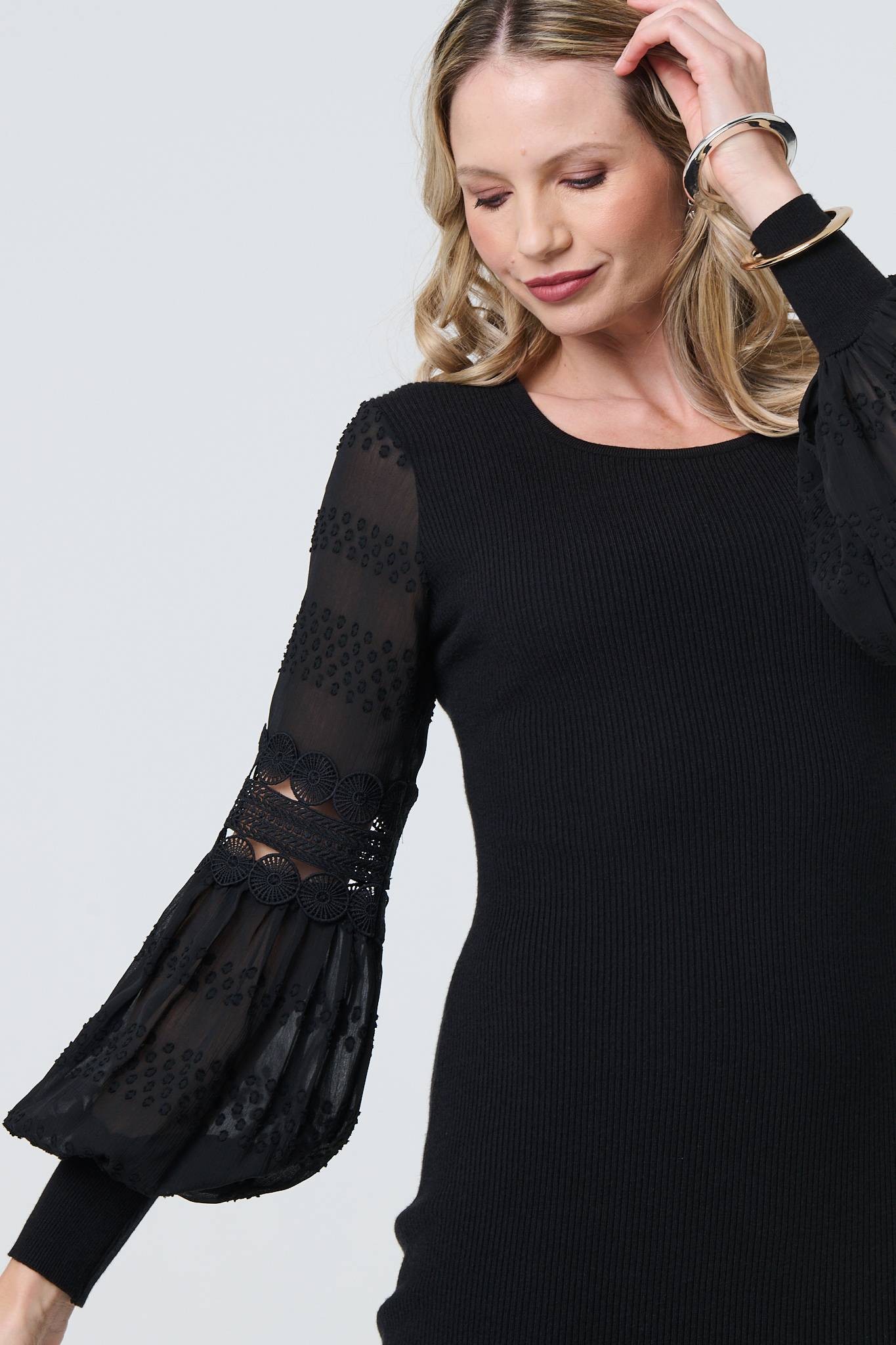 Long Sheer Sleeve Bodycon Knit Dress Detail View