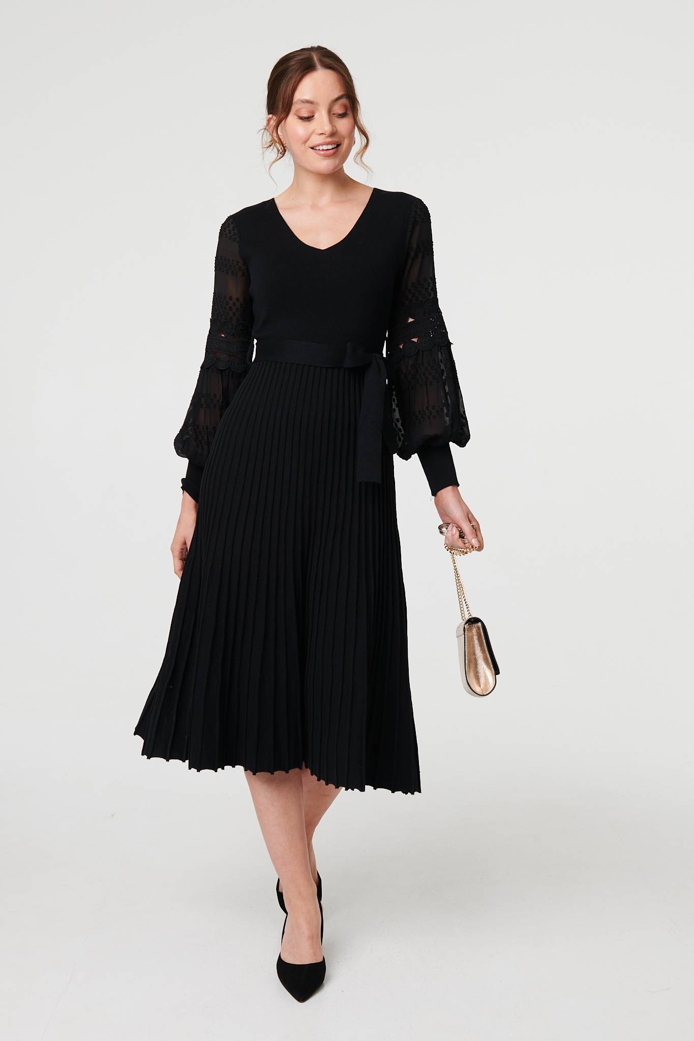 Pleated Lace Puff Sleeve Midi Dress Front View