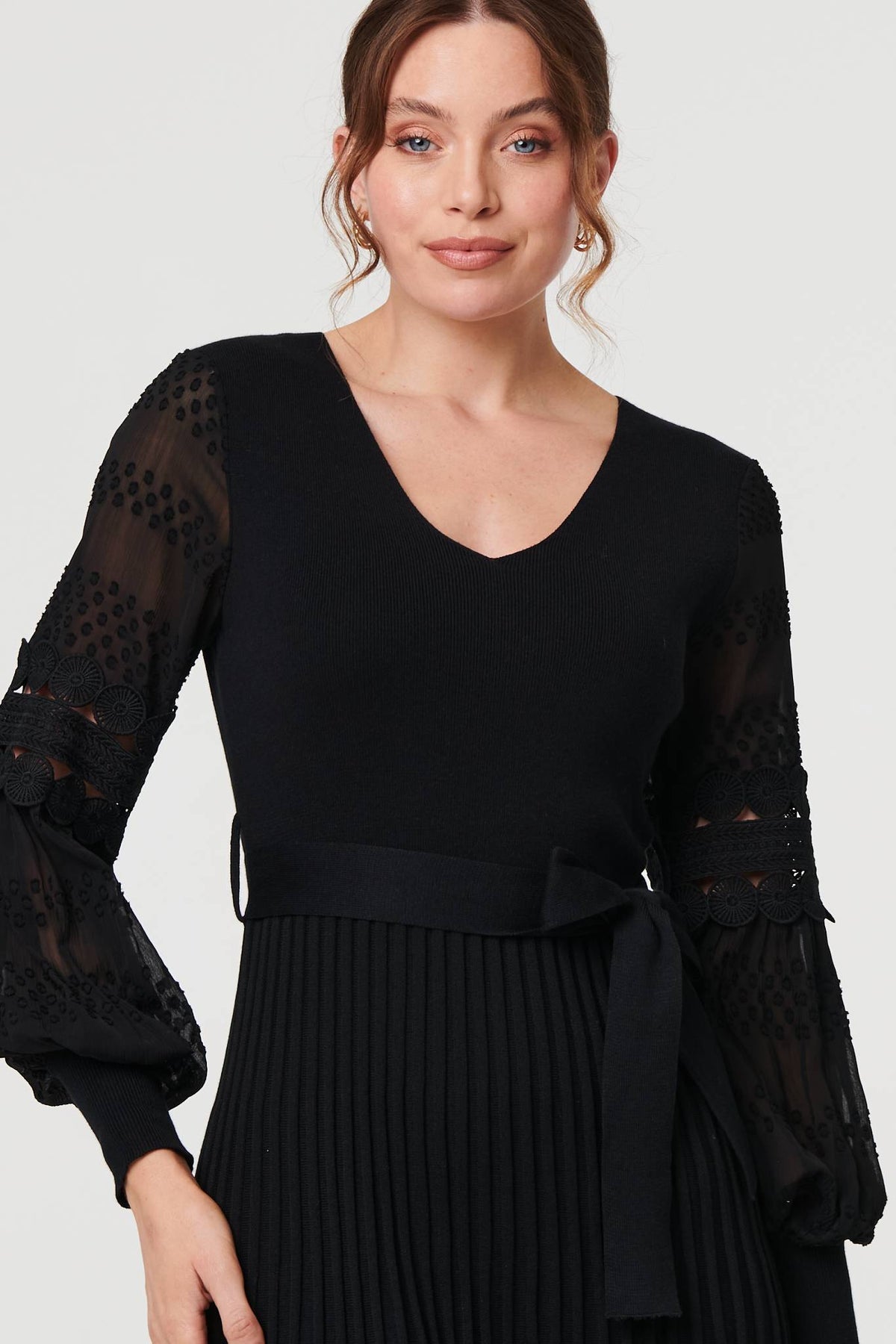 Pleated Lace Puff Sleeve Midi Dress Detail View