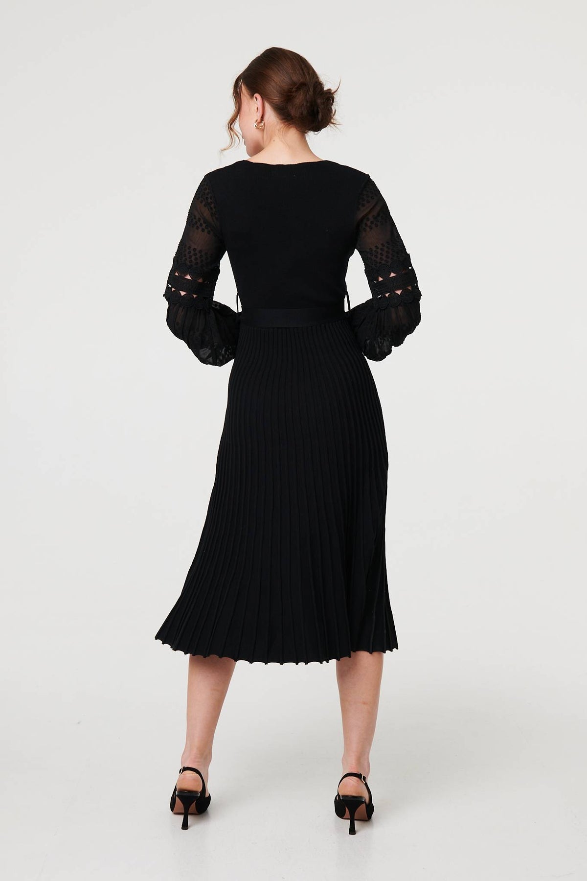 Pleated Lace Puff Sleeve Midi Dress Side View