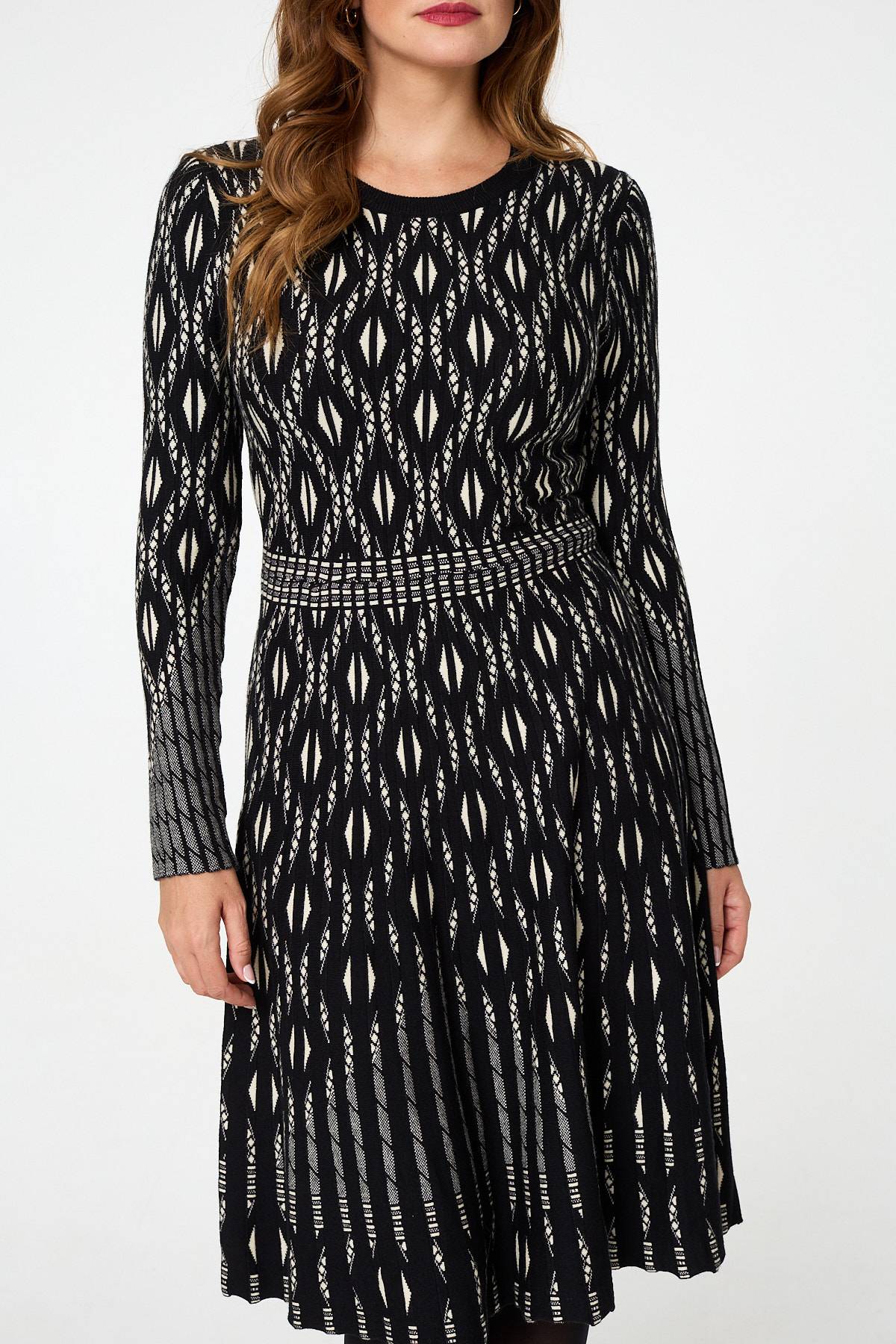 Geo Print Knit Skater Midi Dress Styled View