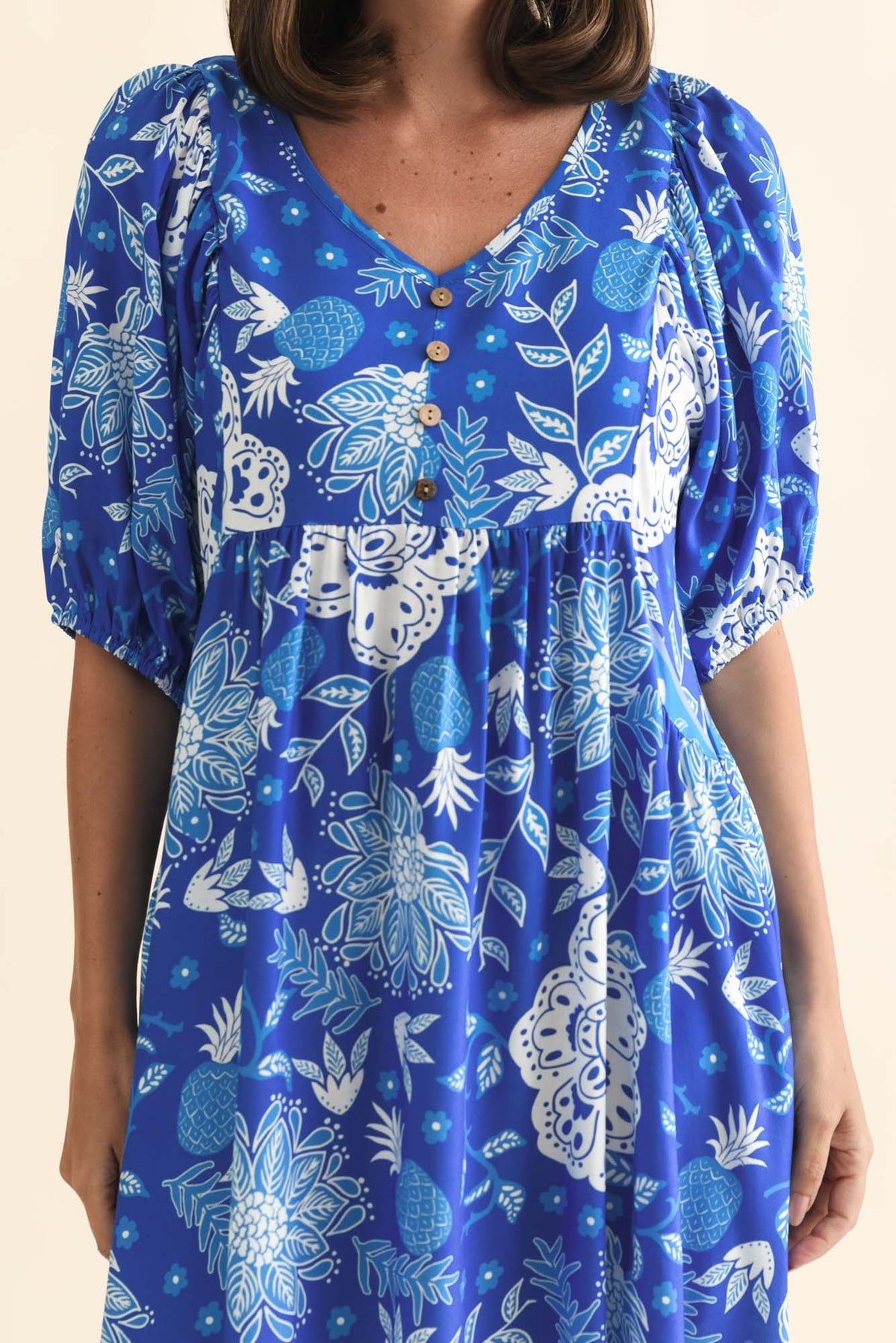 Kacey Blue Floral Button Dress Detail View