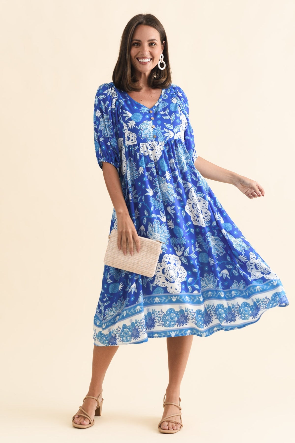 Kacey Blue Floral Button Dress Front View 2
