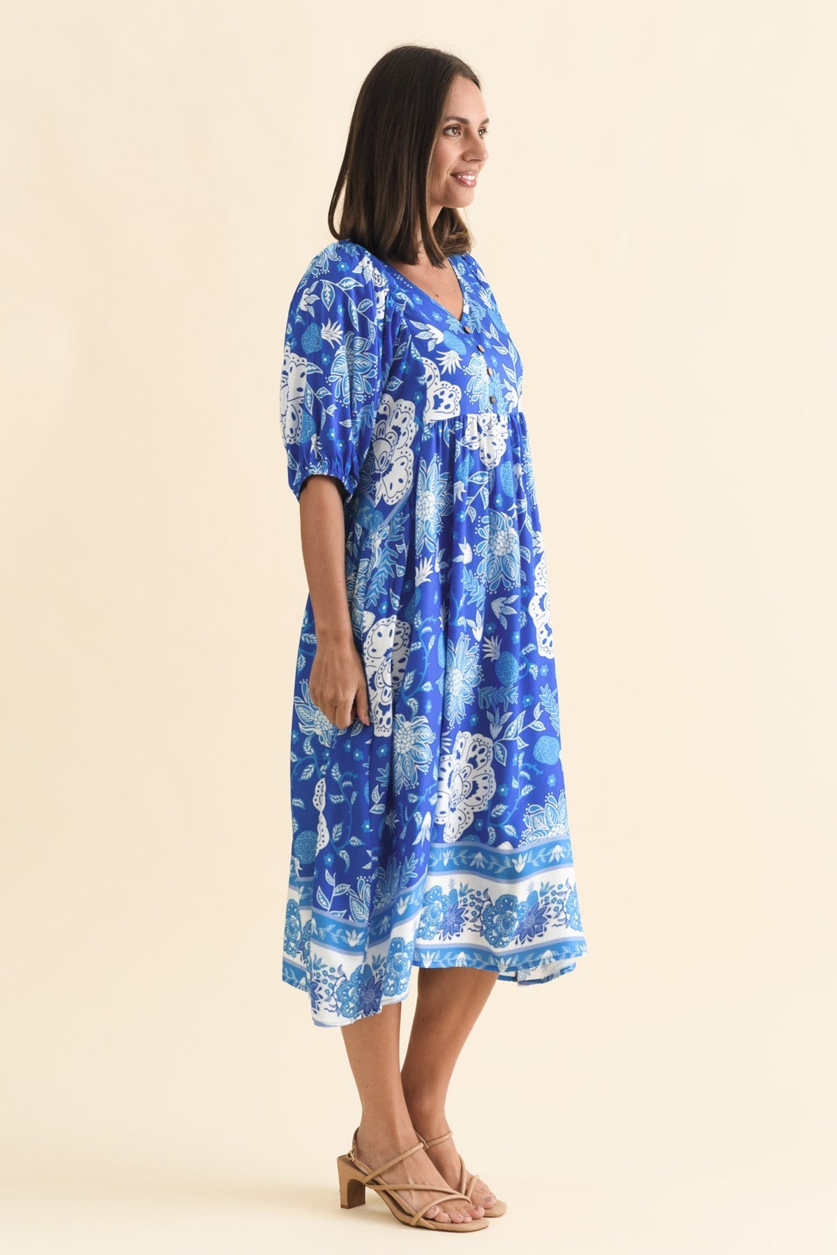 Kacey Blue Floral Button Dress Back View