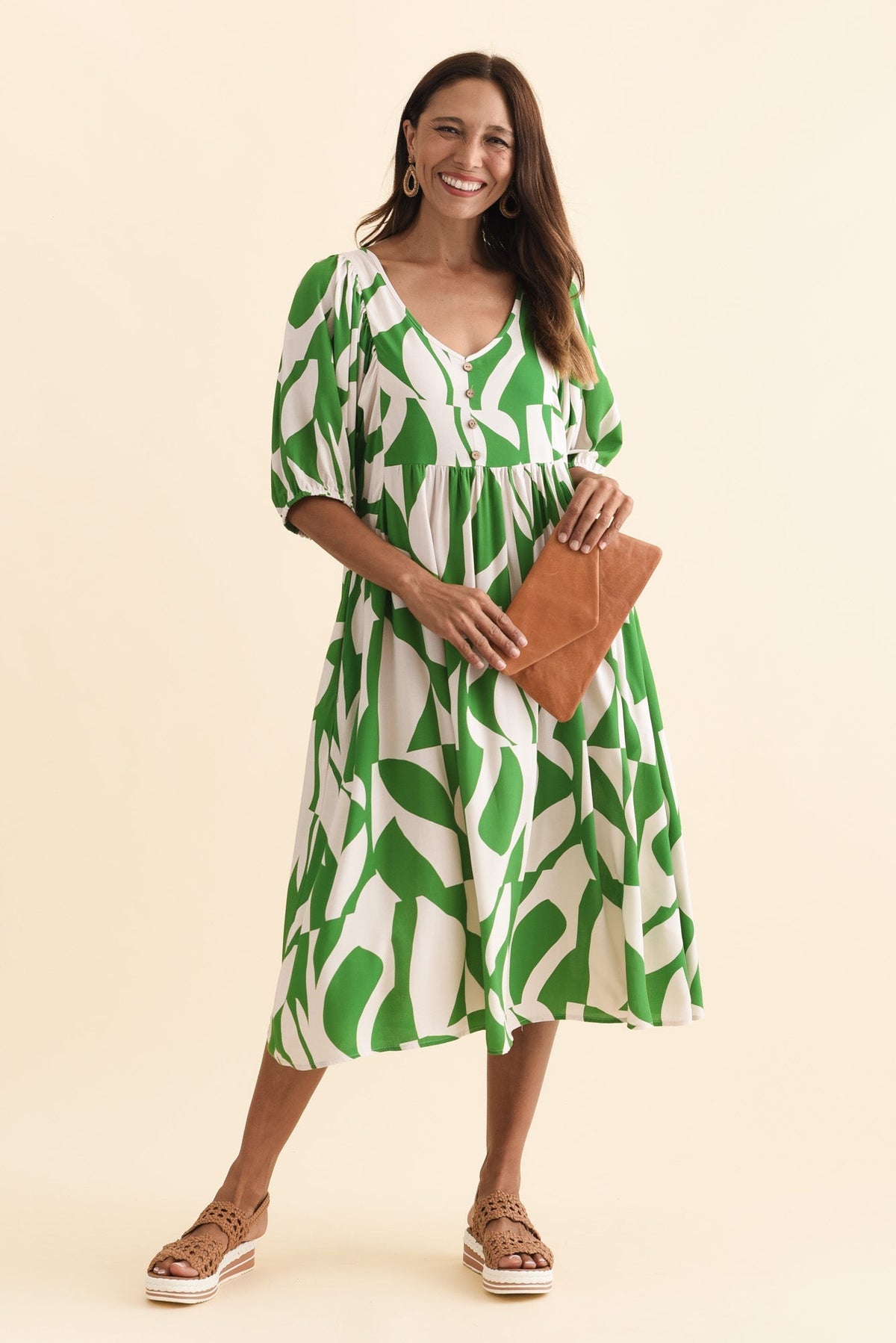 Kacey Green Abstract Button Dress Front View 2