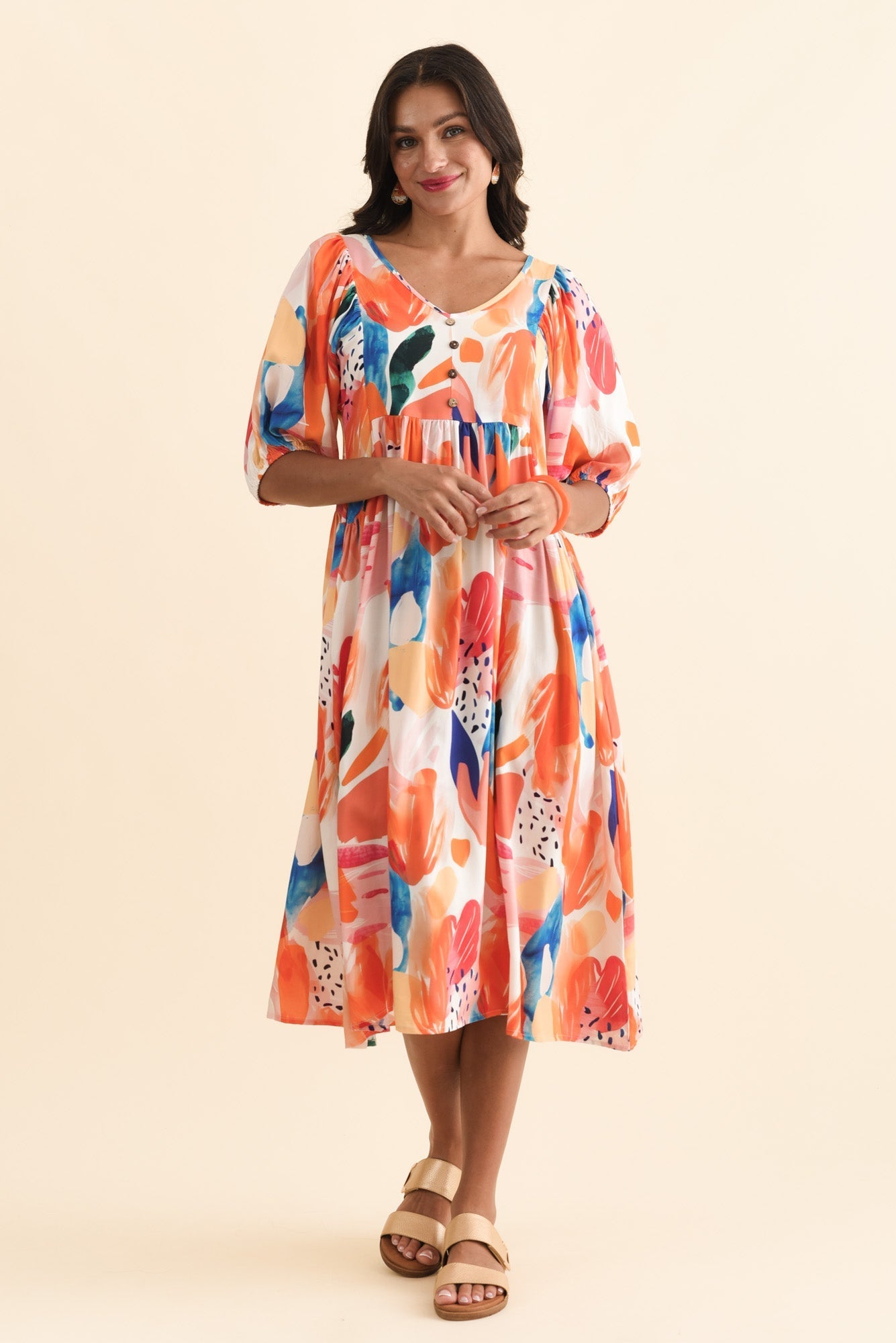 Kacey Orange Abstract Button Dress Full Length View