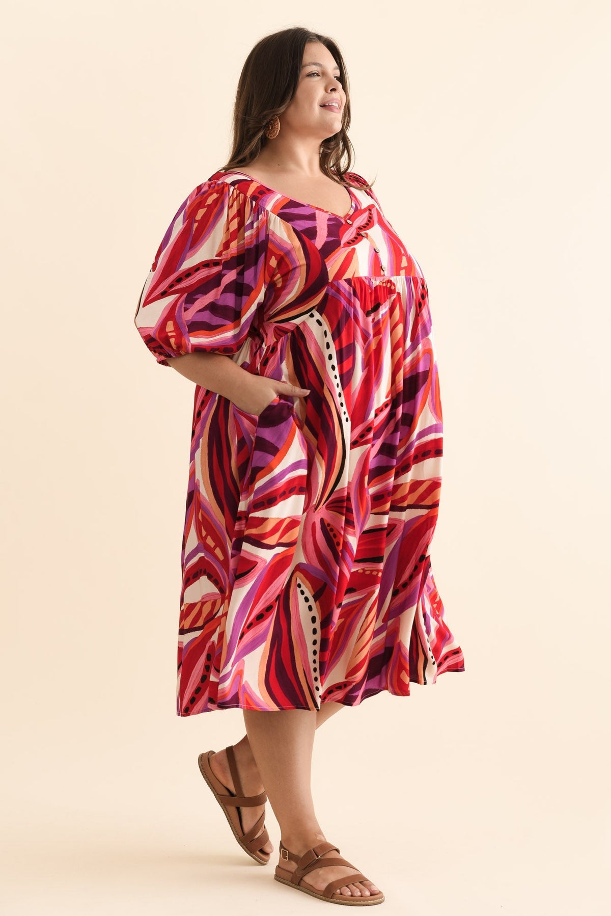 Kacey Pink Leaf Button Dress Styled View 2