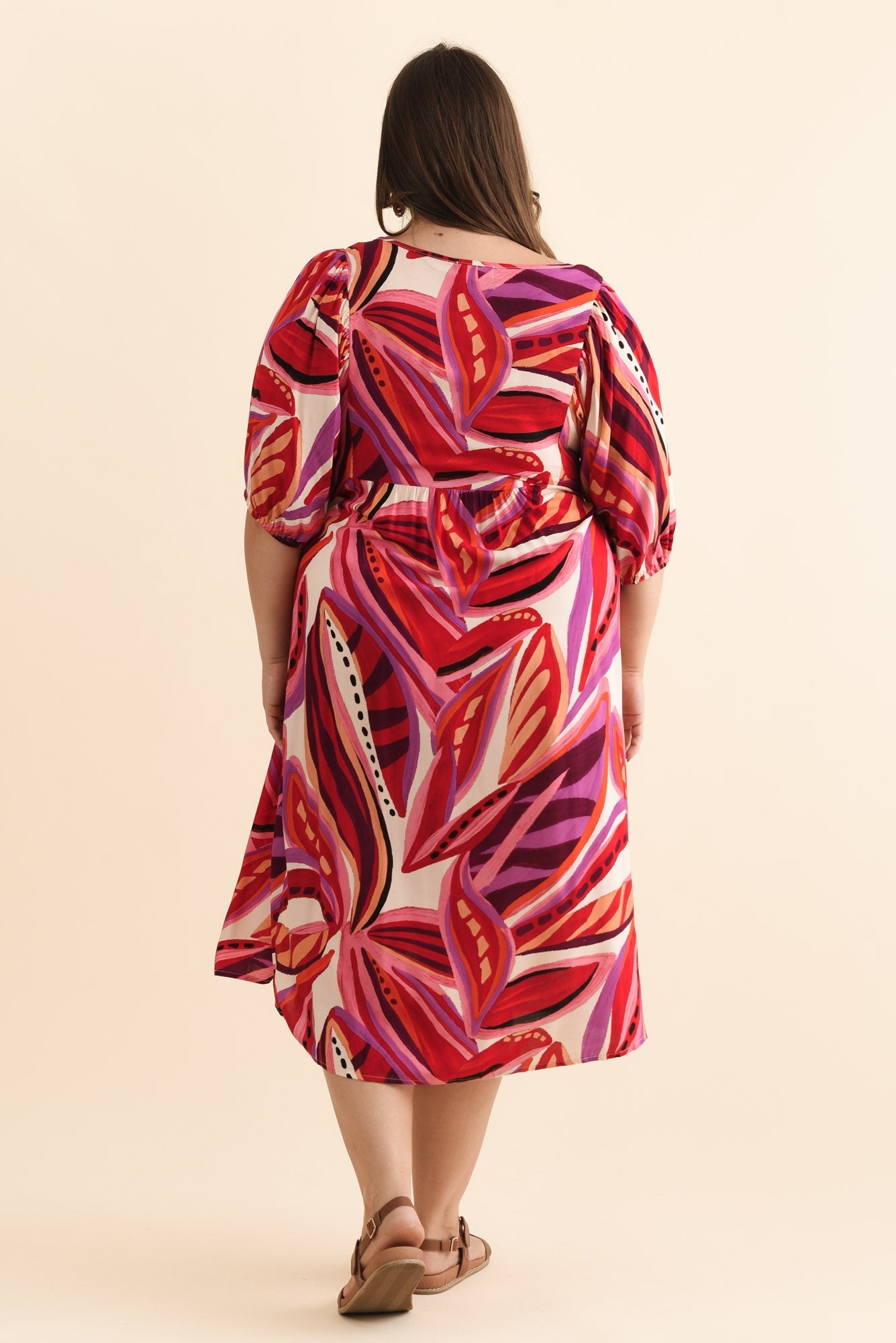 Kacey Pink Leaf Button Dress Full Length View 2