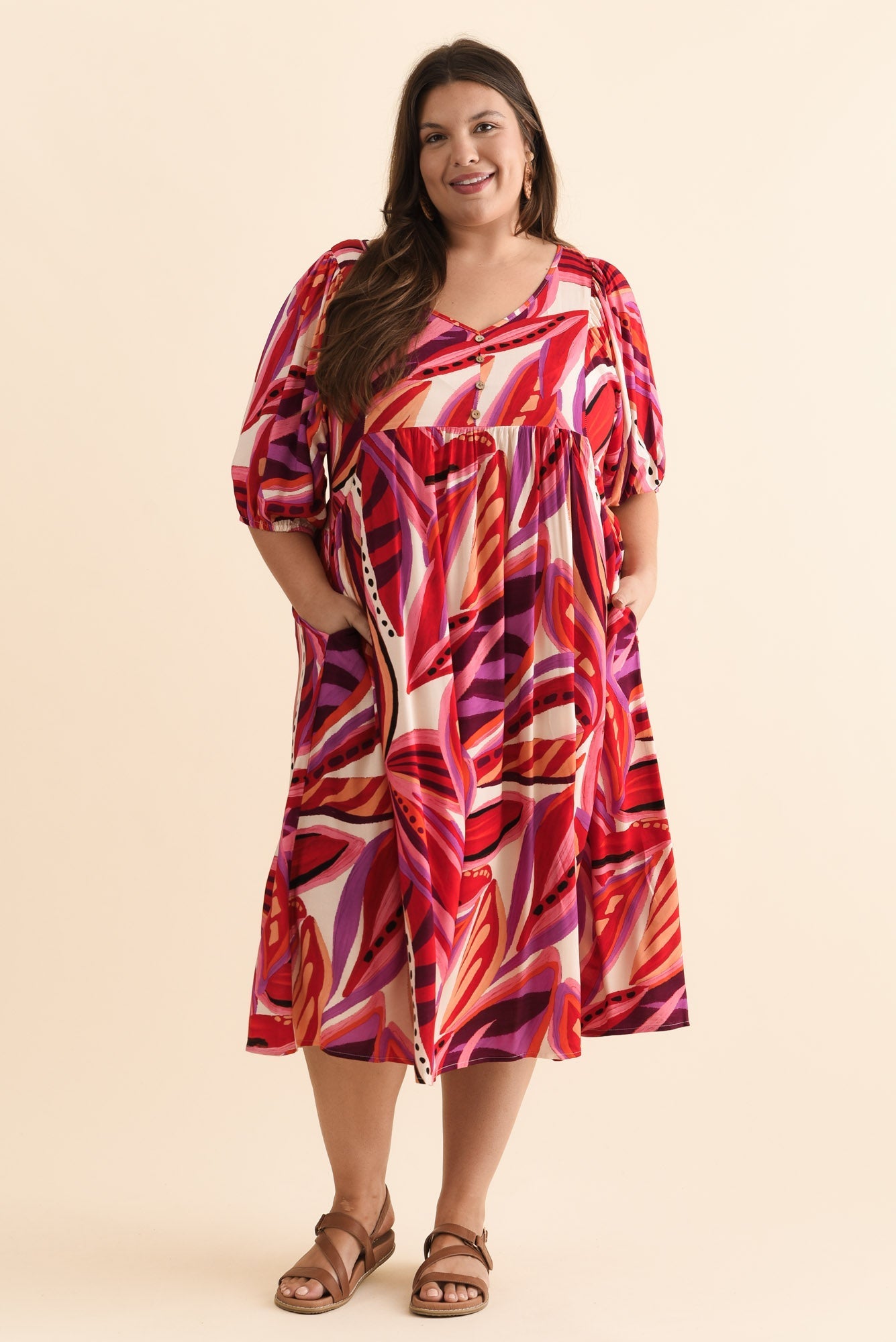 Kacey Pink Leaf Button Dress Detail View 2