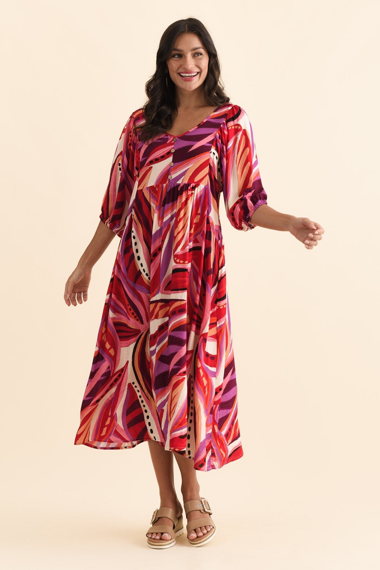 Kacey Pink Leaf Button Dress Back View