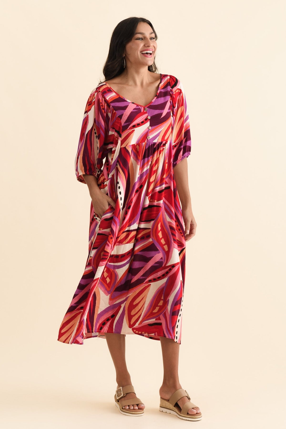 Kacey Pink Leaf Button Dress Side View