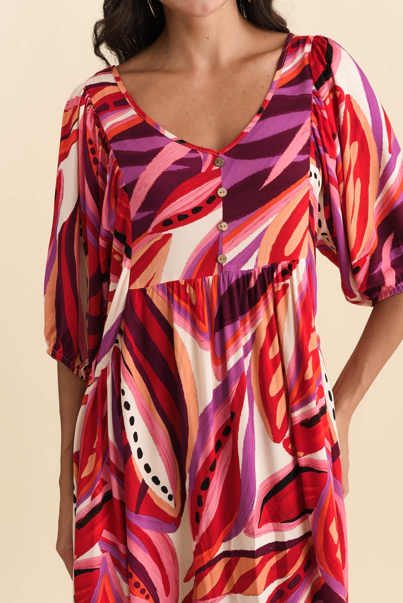 Kacey Pink Leaf Button Dress Full Length View
