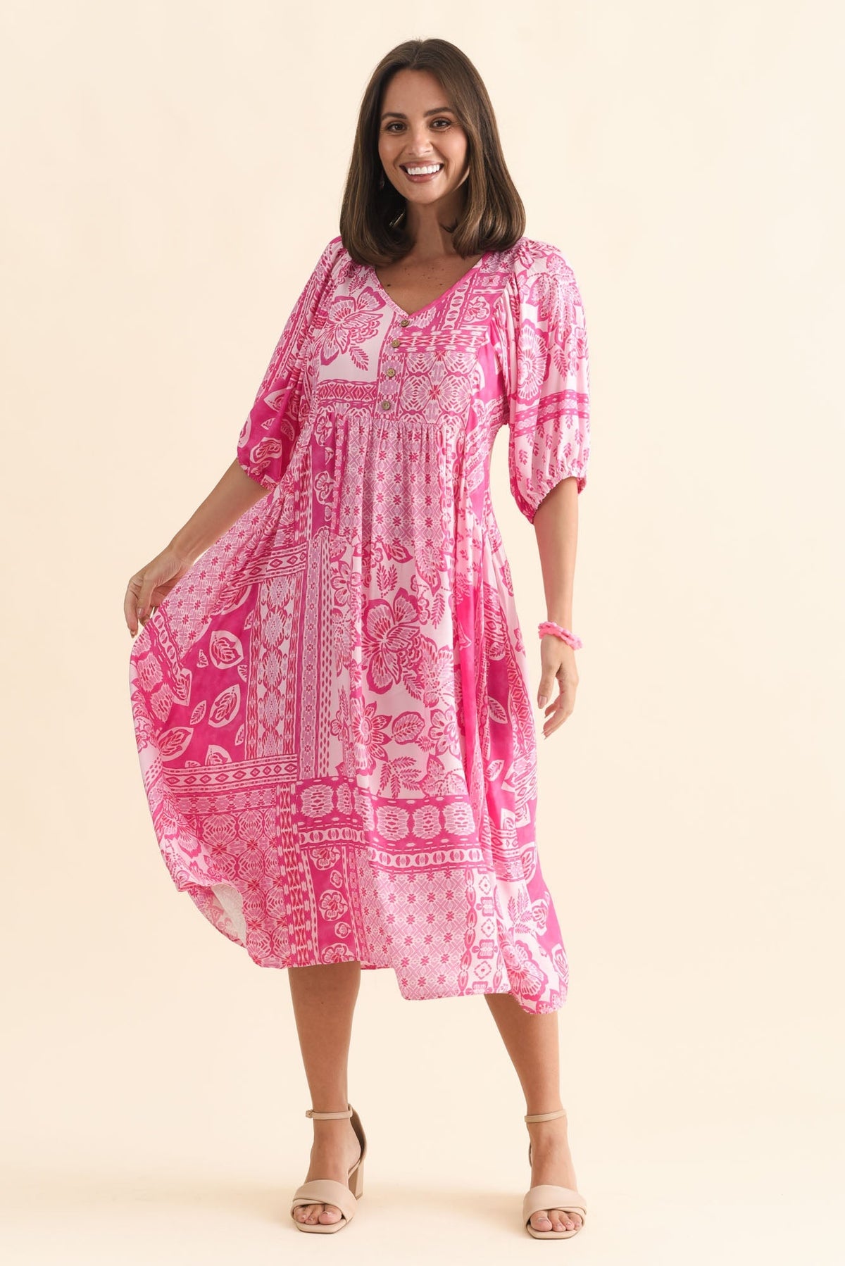 Kacey Pink Tile Button Dress Front View